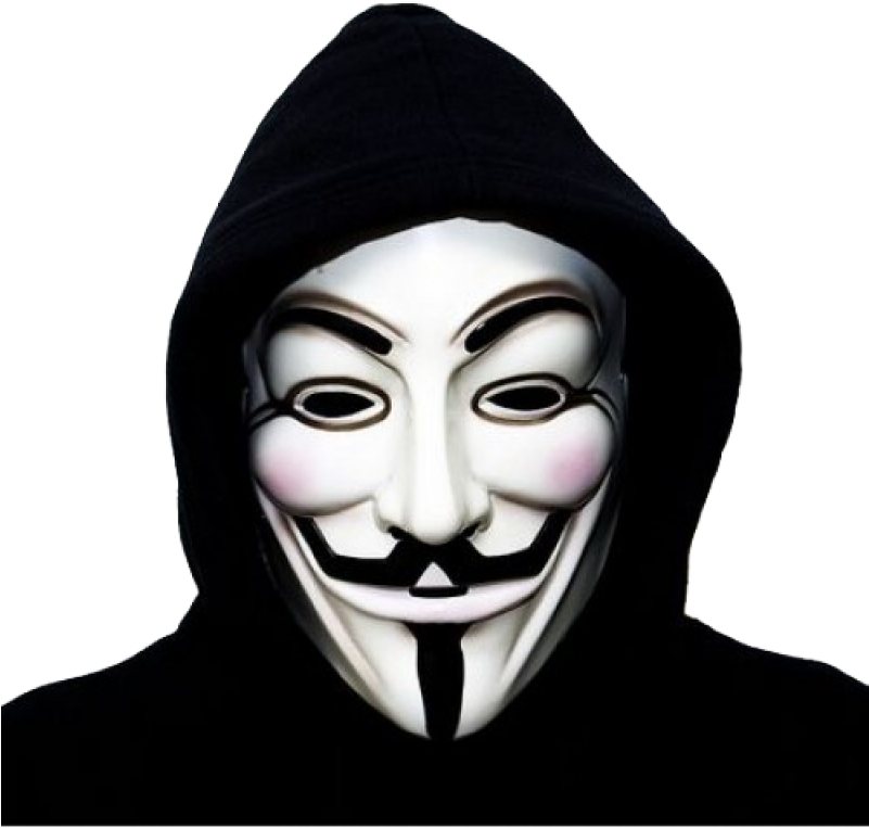 蓋伊·福克斯面具與匿名者 壁紙 — 一個穿著黑色連帽衫的人，在純黑背景前戴著白色蓋伊·福克斯面具，面具上有粉紅色的臉頰。