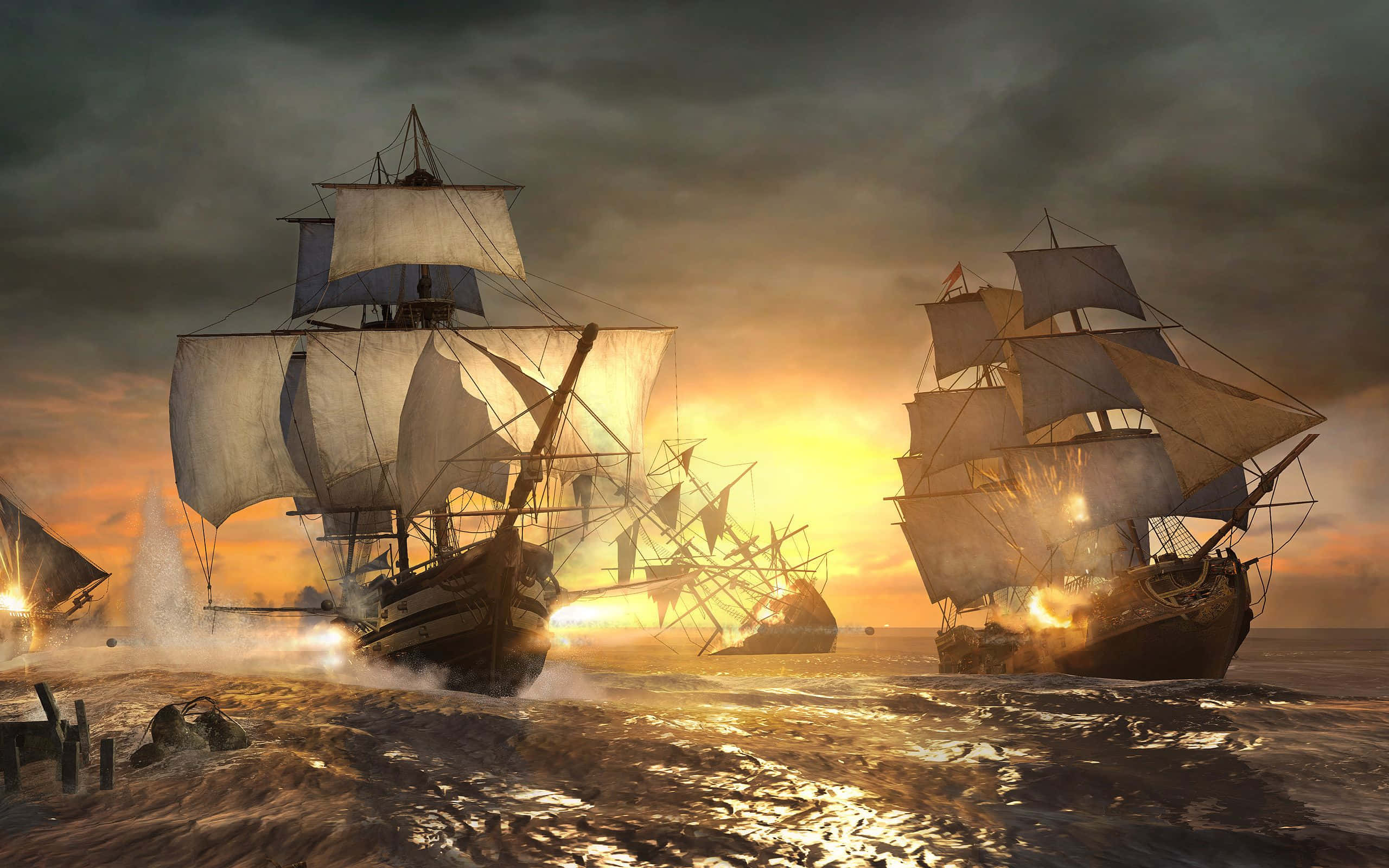 Assassin's Creed 4 Black Flag Ship Combat 桌布 壁紙 — 蓋倫帆船在日落時分的激烈海戰中碰撞，煙霧和炮火照亮了波濤洶湧的大海。