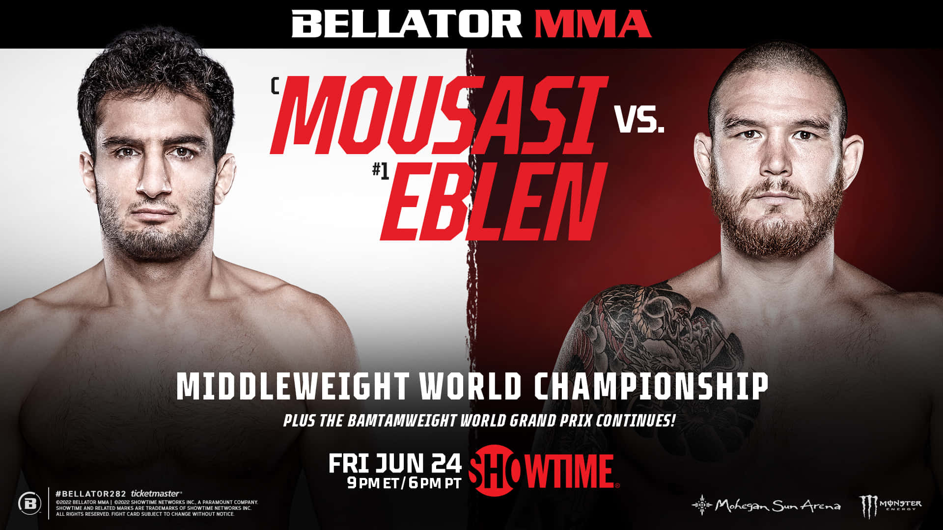 Bellator MMA海報， featuring 拳手Mousasi和Eblen，為中量級世界冠軍賽。
