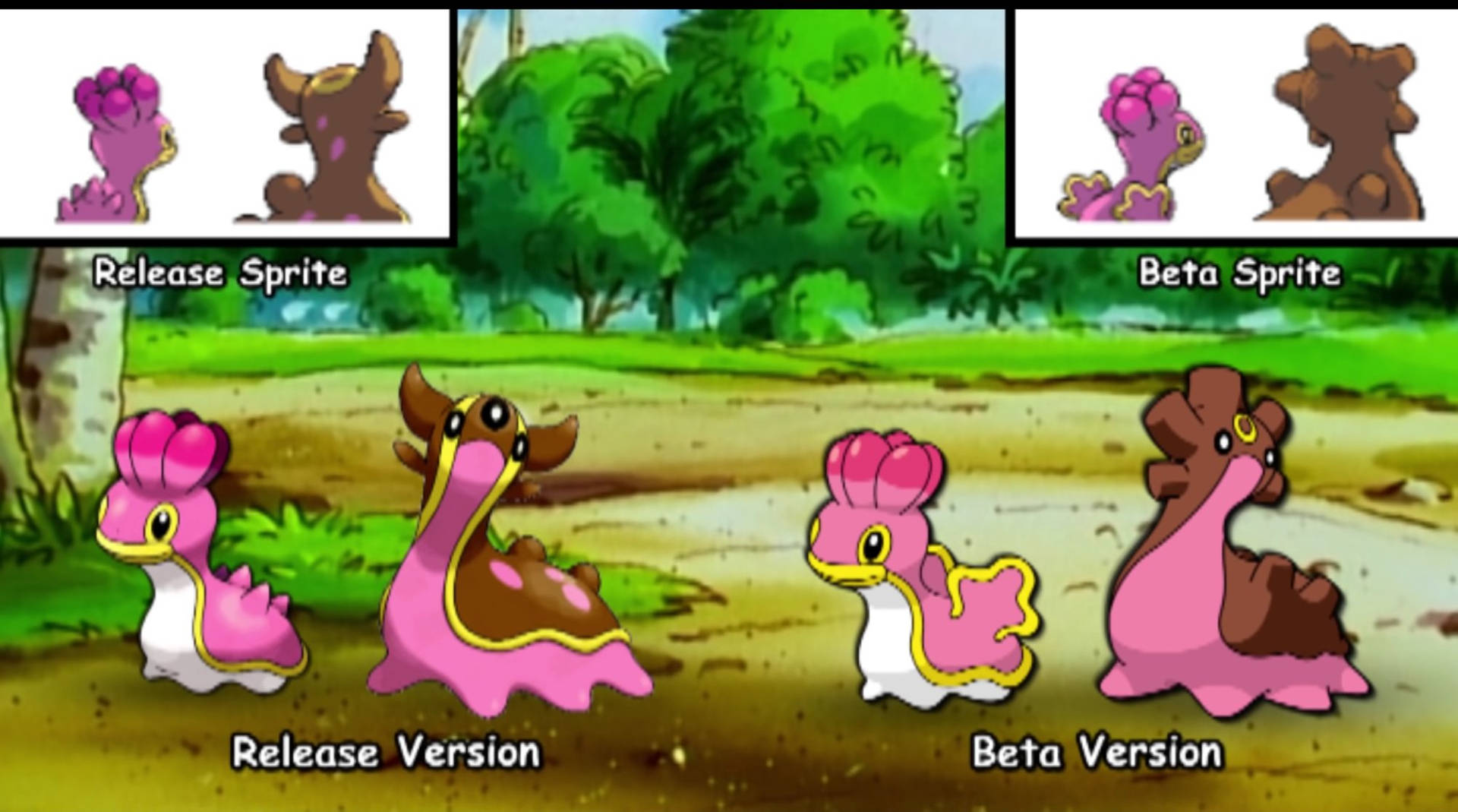 Lickitung 寶可夢精靈圖比較，顯示正式版和測試版在草地上的樣子。
