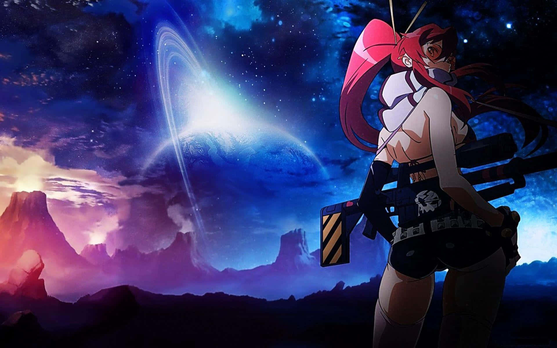 《蓋爾·拉根》小隊的無畏力量 壁紙 — 一個紅髮動漫女孩拿著武器，站在一個岩石星球上，星空下有一個發光的環狀行星。