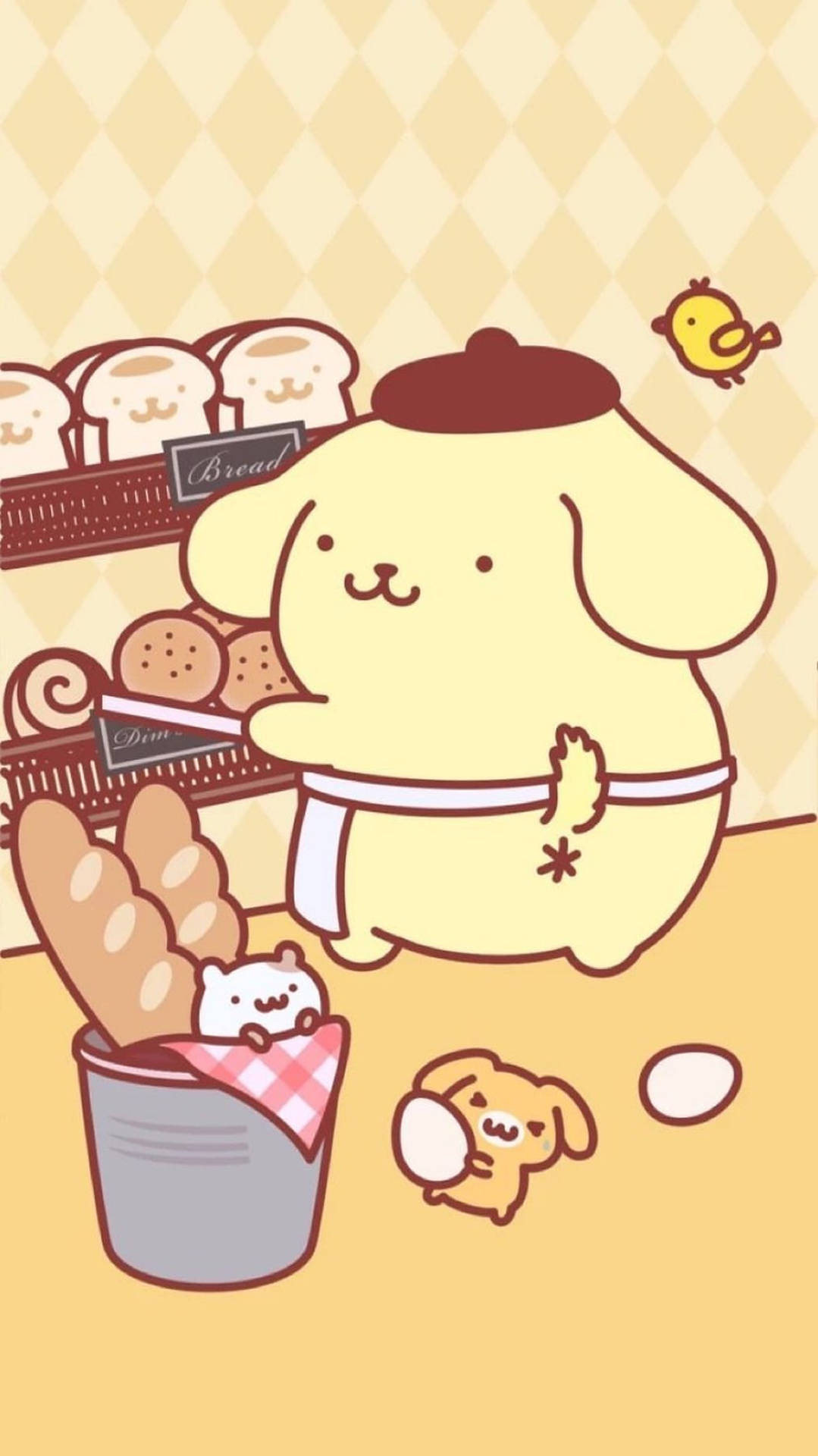一隻麵包店狗與麵包和動物朋友在舒適的廚房場景中。 — 布甸狗 GIF 壁紙