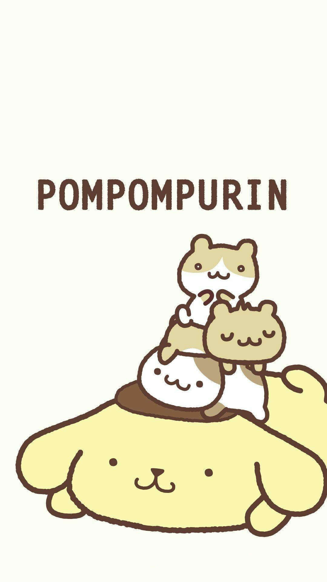 疊喺大黃狗插圖上嘅Pompompurin角色。 — 布甸狗 GIF 壁紙