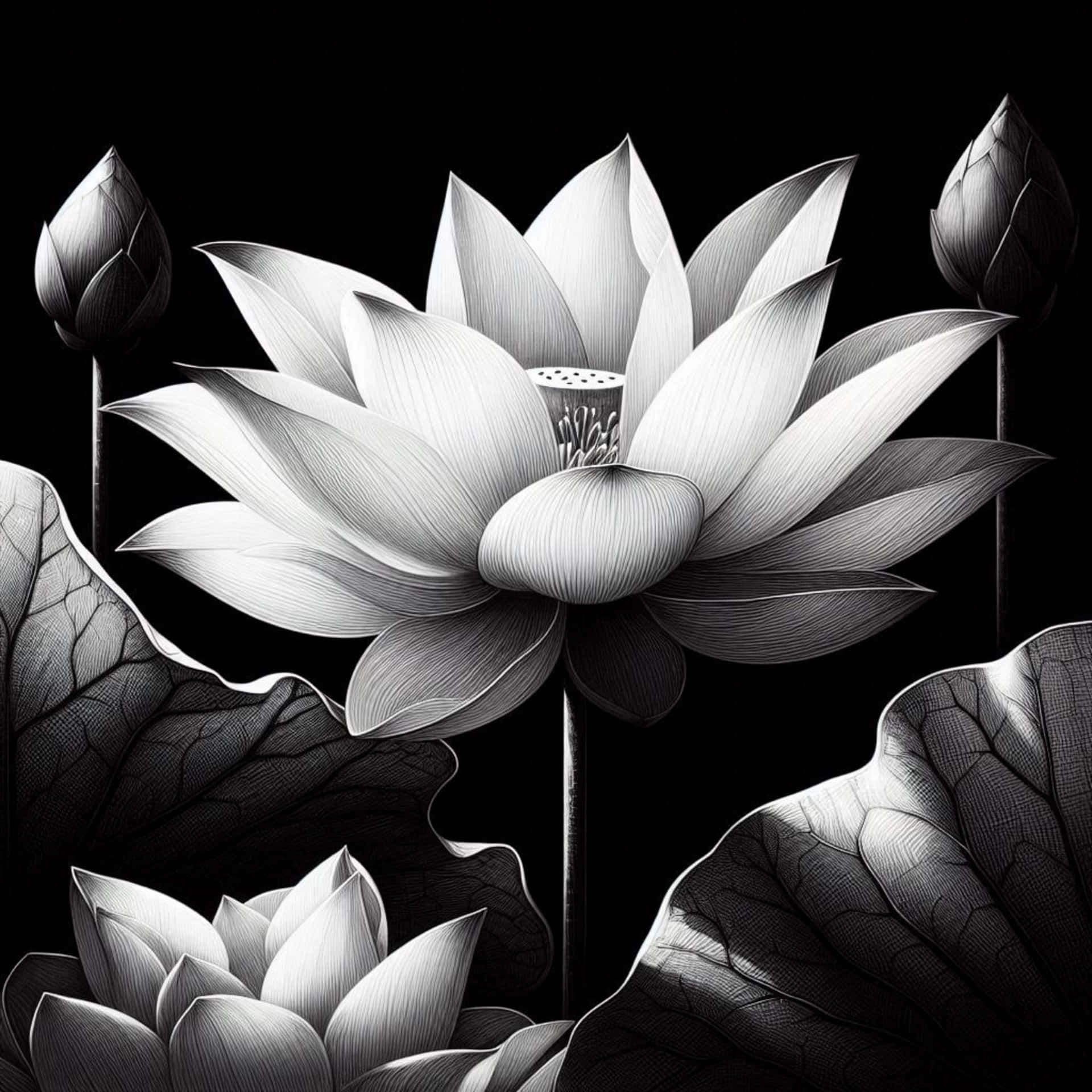 一幅黑白插圖蓮花，花瓣和葉子細節豐富，背景深色。