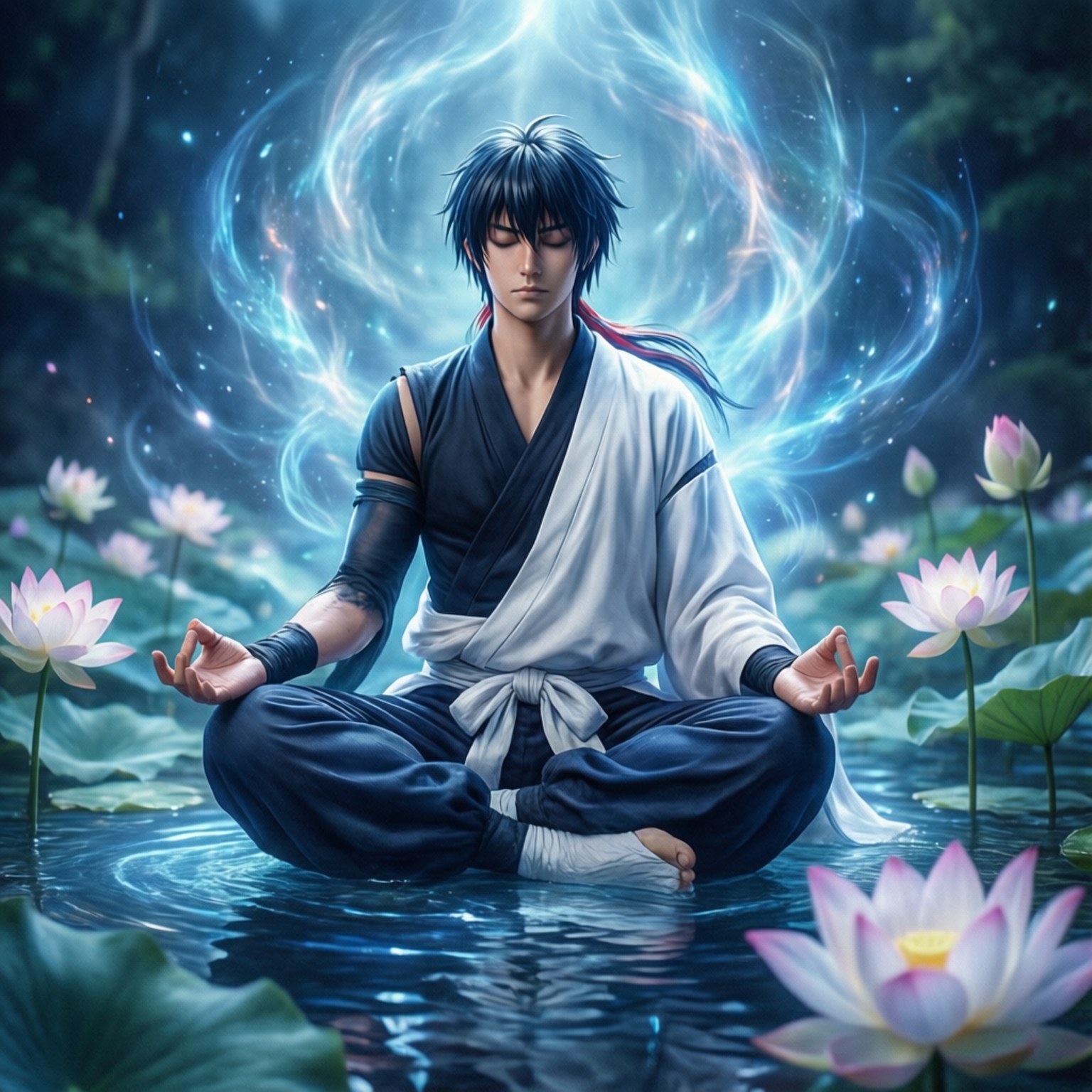 動漫戰士在水中冥想，伴有發光蓮花和藍色能量光環