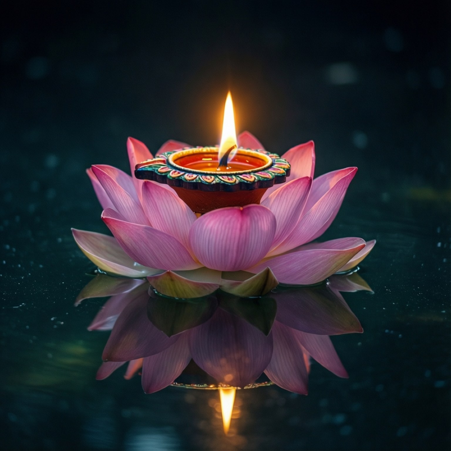 一個點燃的蠟燭放在裝飾燭台上，漂浮在水面上，在粉紅色蓮花上，有清晰的倒影。
