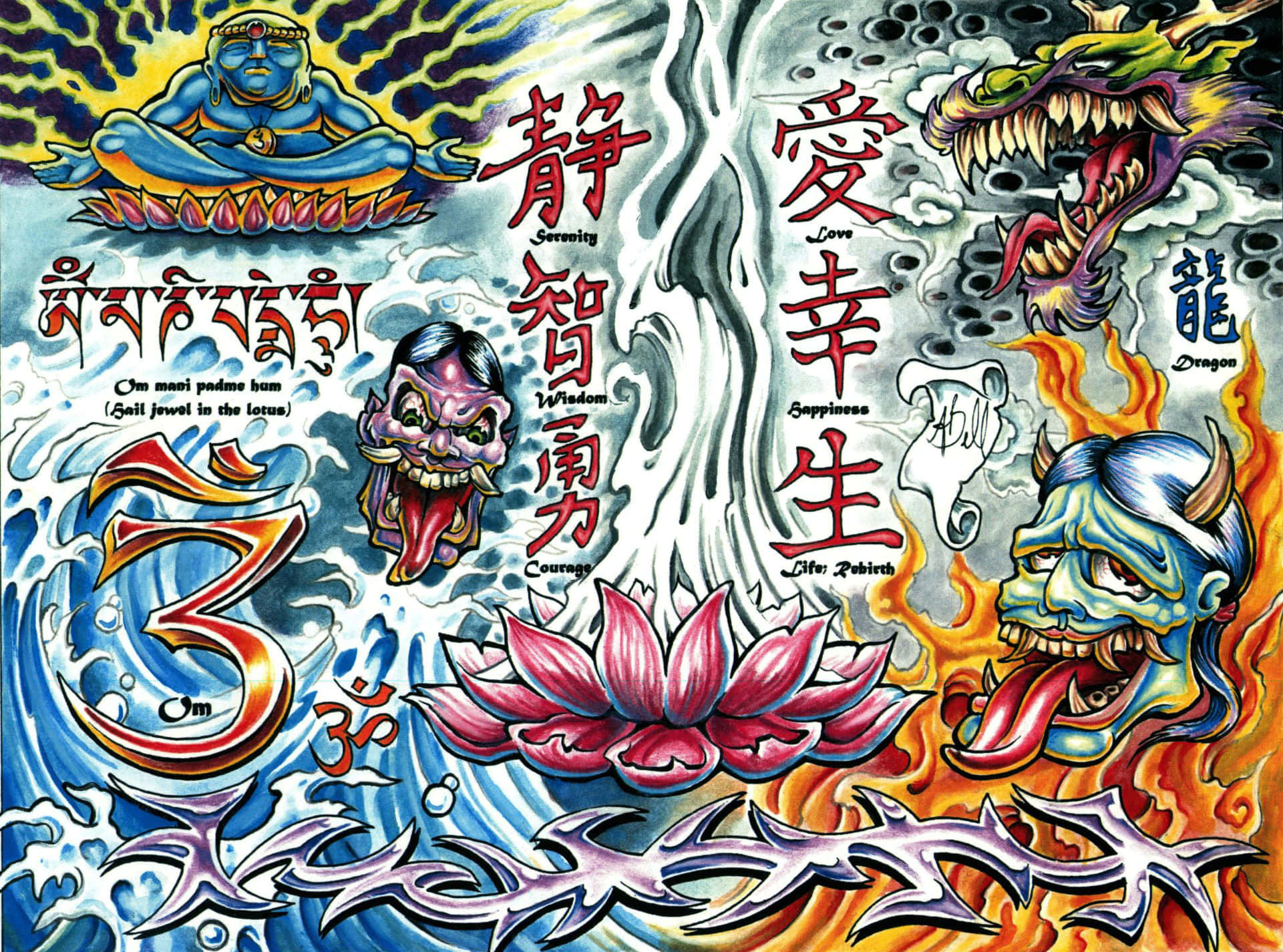 蓮花與龍紋身 壁紙