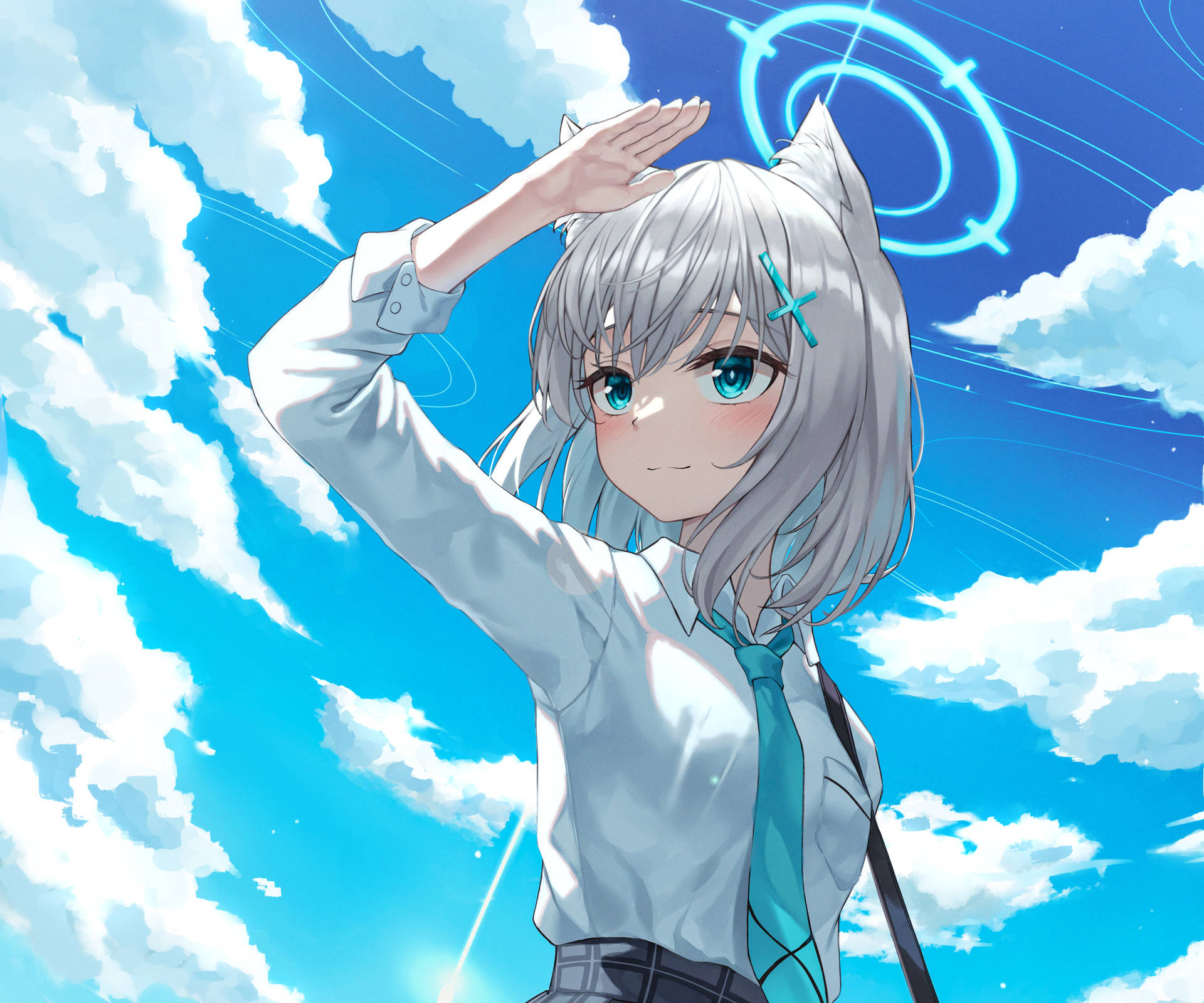 銀髮貓耳的動漫女孩在藍天白雲和霓虹漩渦下敬禮。