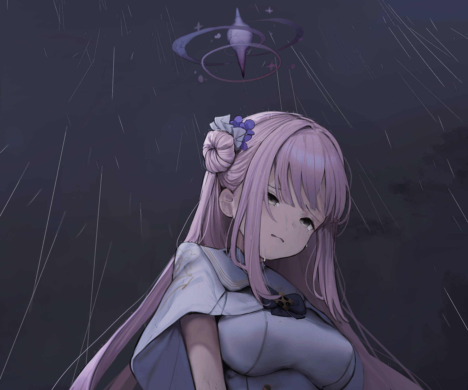 紫髮動漫女孩在雨中，漂浮宇宙球體下方