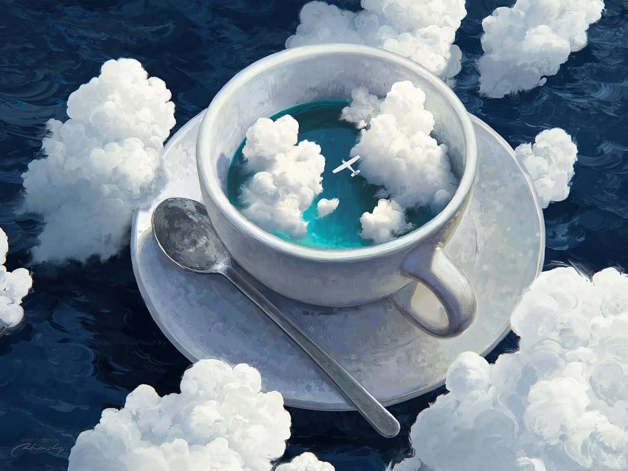 蔚藍海洋的空中視角 壁紙 — 一個白色陶瓷杯漂浮在深藍色水上，周圍環繞著蓬鬆的雲朵，裡面有一架小飛機在藍綠色液體上方飛行。