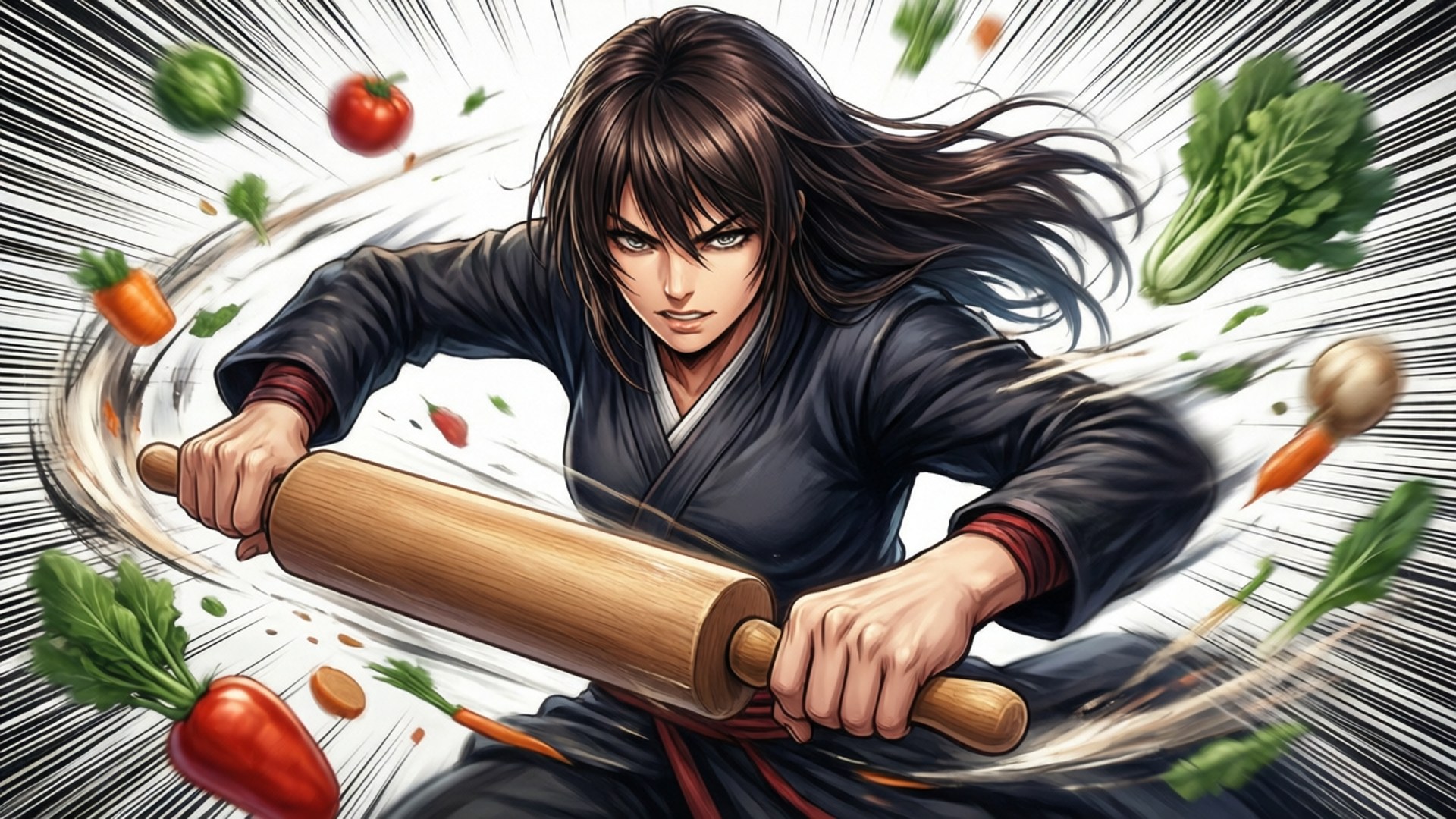 動漫戰士在飛舞的蔬菜中揮舞擀麵棍的動態動作場景。