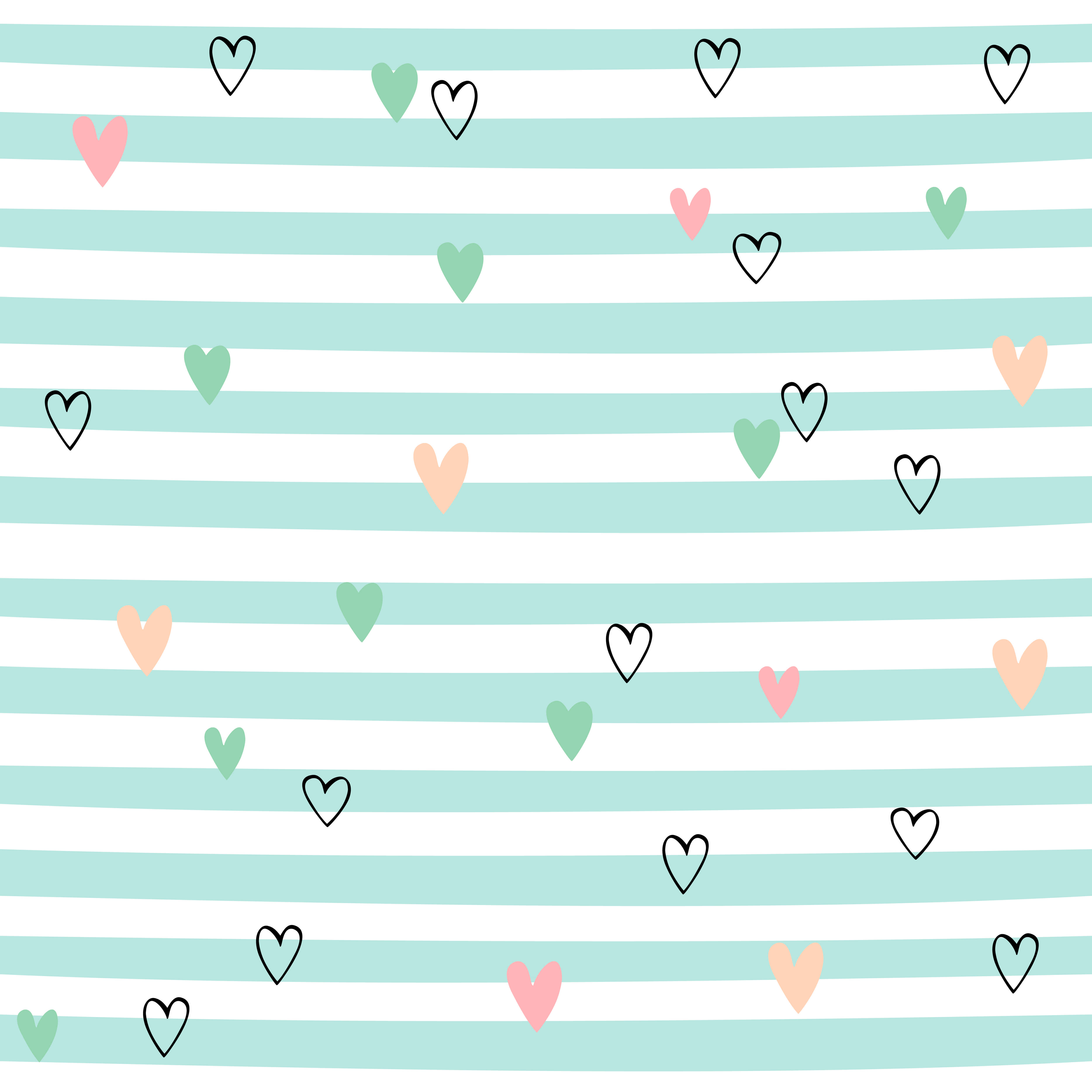 Cute Stripes 桌布 壁紙 — 薄荷綠和白色條紋牆紙，飾有散落的粉紅色、蜜桃色和薄荷綠色手繪心形圖案。