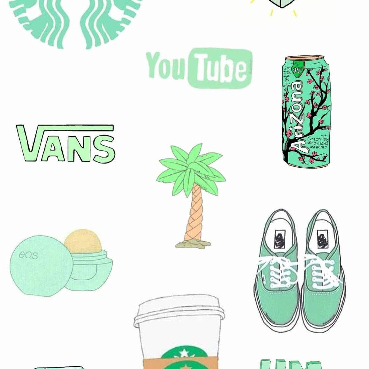 Vans 桌布 壁紙 — 薄荷綠色插圖拼貼，包含Starbucks咖啡、Vans運動鞋、Arizona冰茶和棕櫚樹圖標，背景為白色。
