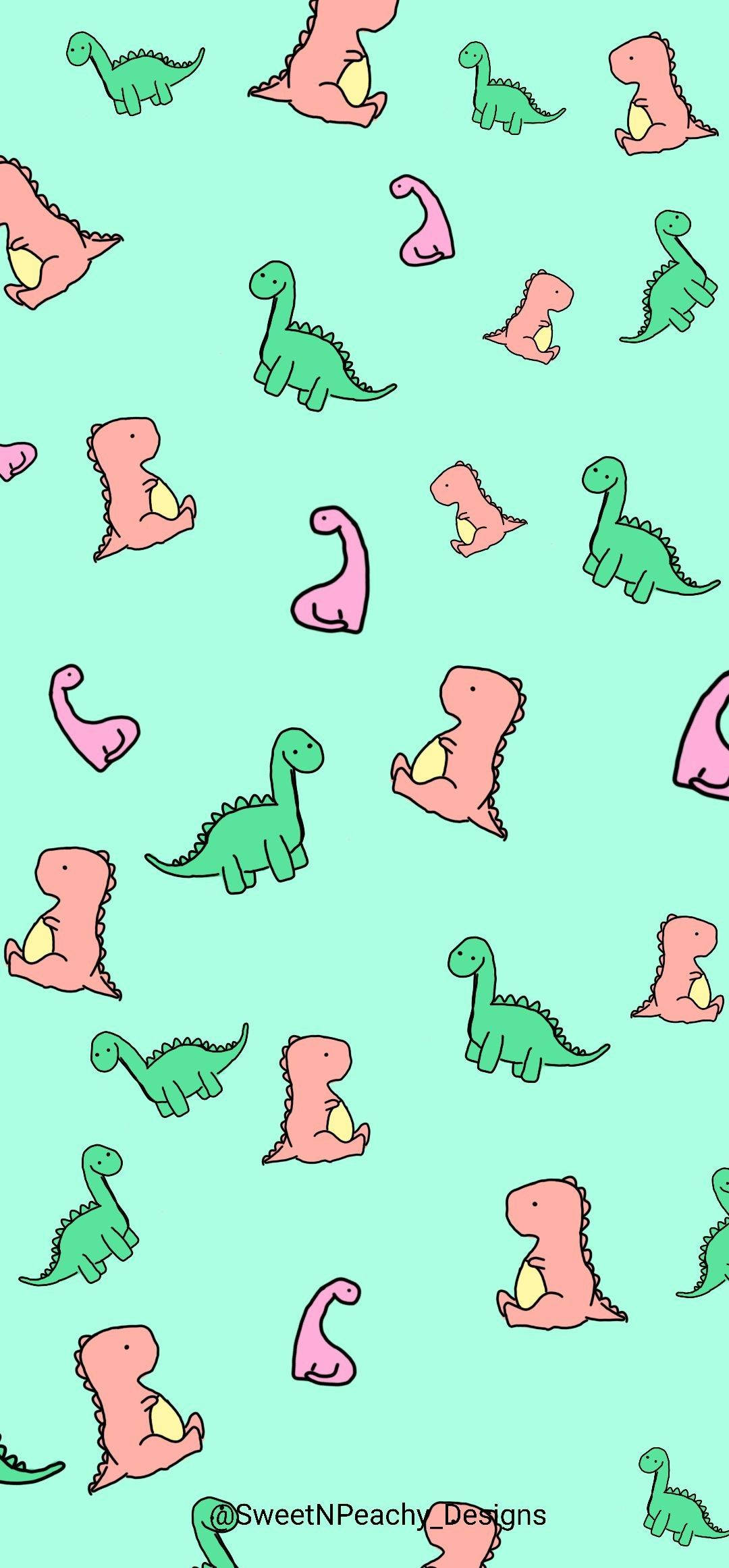 Cute Dinosaur 桌布 壁紙 — 薄荷綠色背景上散落著各種玩樂姿勢的粉彩卡通恐龍。