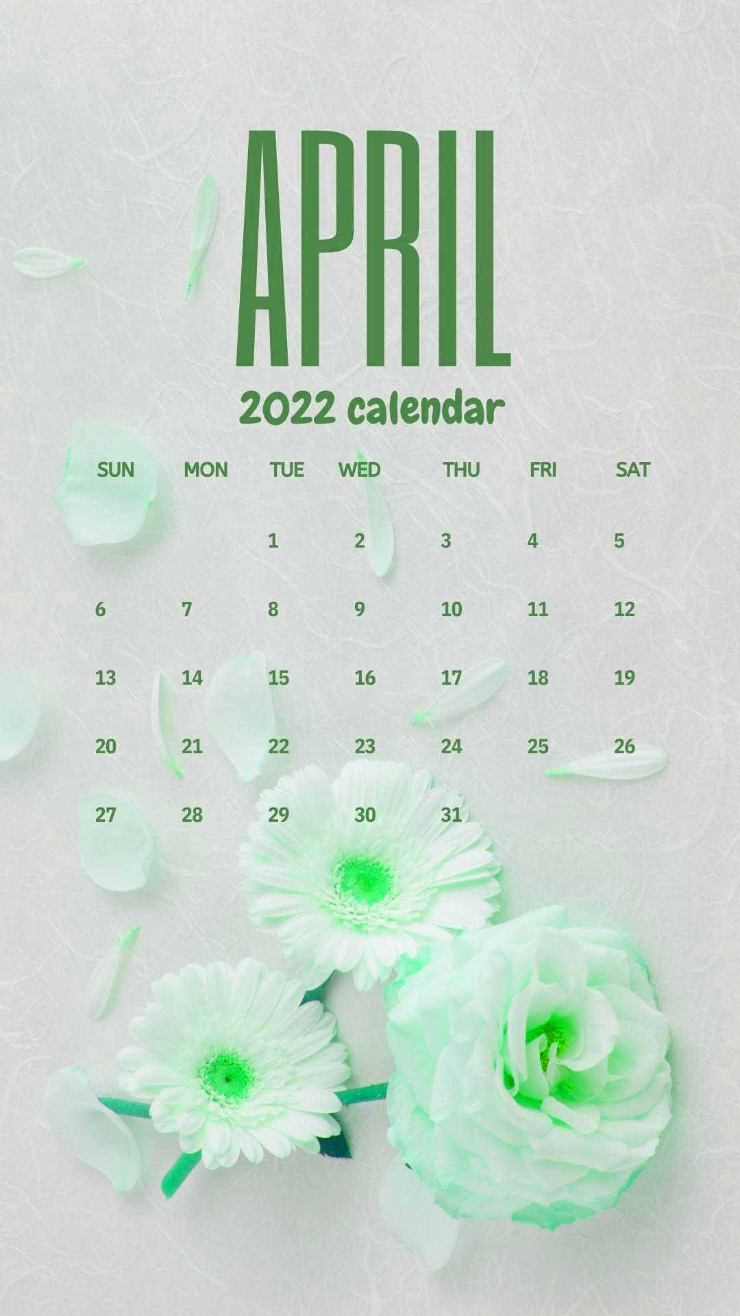2022年4月月曆，薄荷綠色花朵和花瓣在紋理白色背景上。