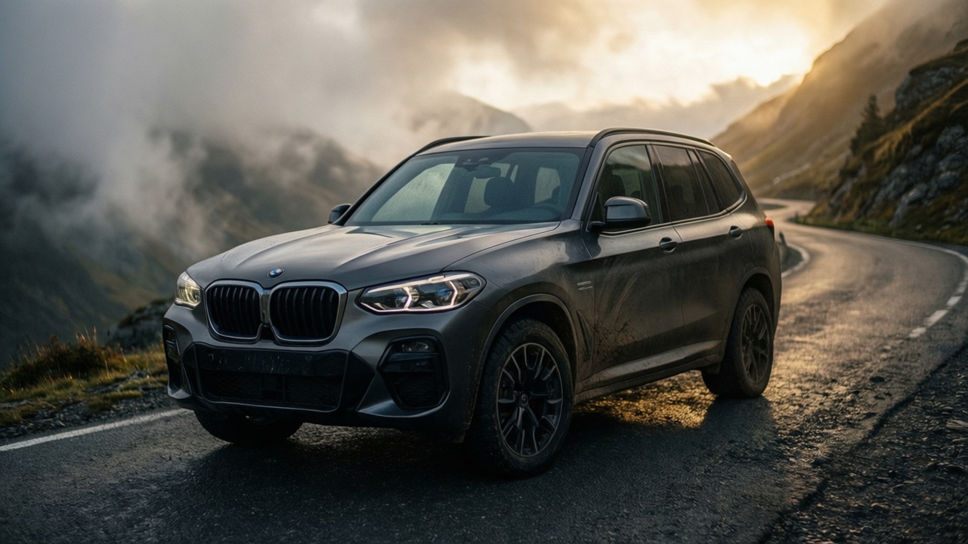 薄霧山道上的 BMW X3 壁紙 — 一輛時尚的灰色BMW SUV在黃金時段沿著蜿蜒的山路行駛，背景是霧氣繚繞的山峰。