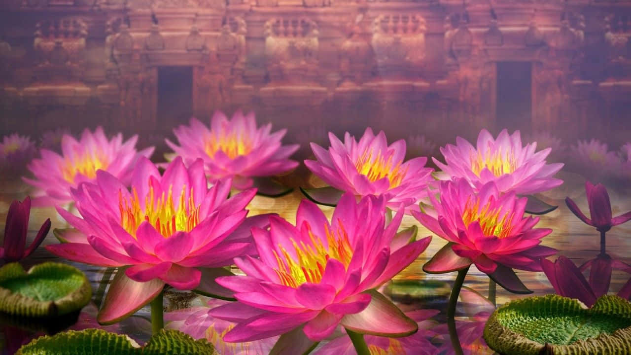 薄霧晨光中的蓮花 壁紙 — 鮮豔的粉紅色睡蓮帶有金色花心，在平靜的水面上盛開，背景是霧氣籠罩的古老寺廟外牆。