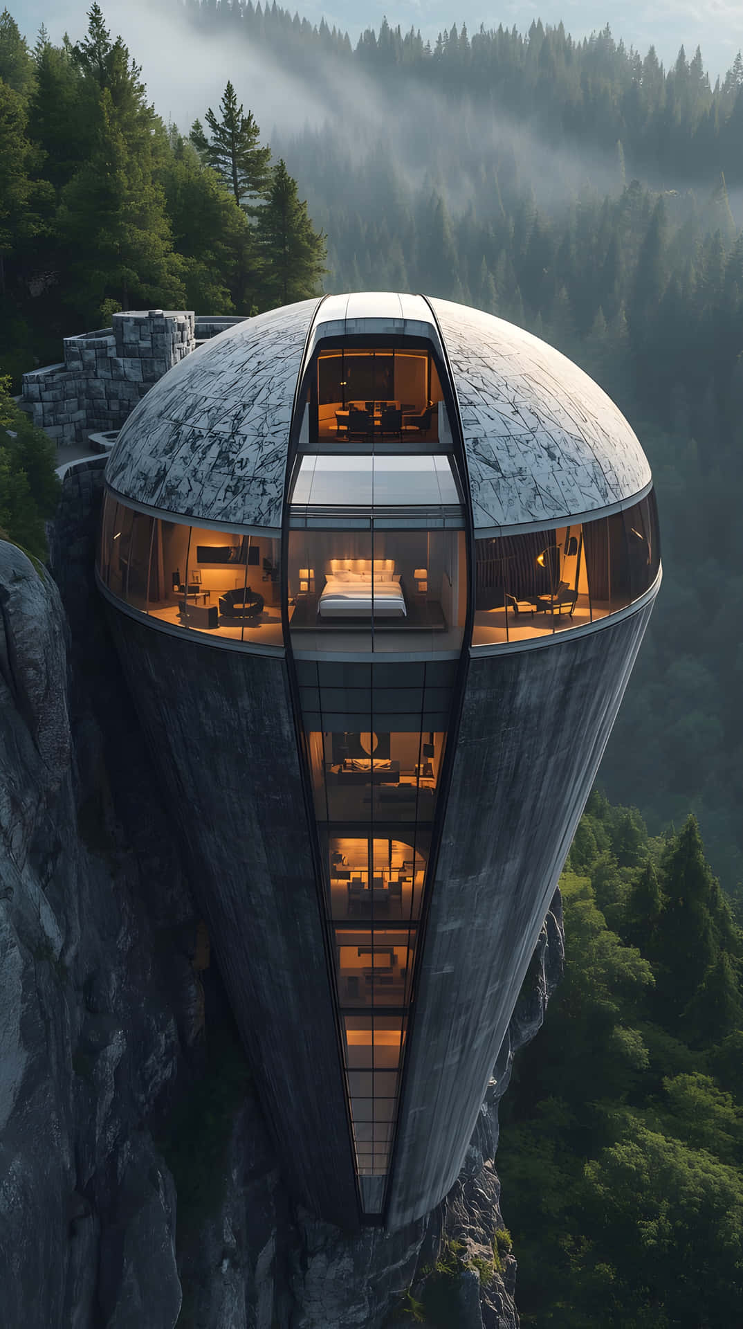 一座建在懸崖上的現代玻璃圓頂酒店，可見溫暖的室內燈光。