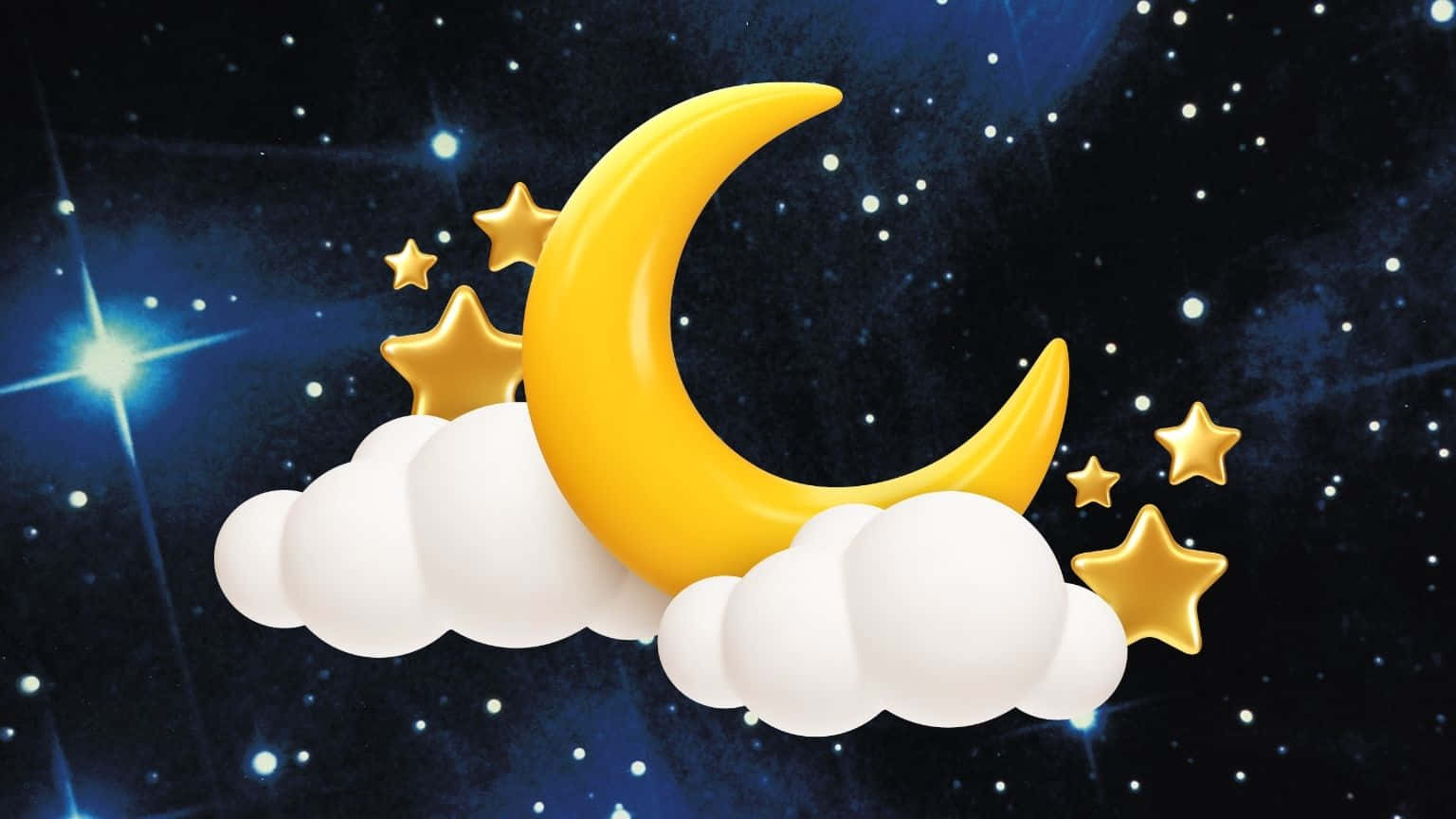 發光的黃色月亮在雲端上，伴隨著金色星星，在星空夜空中