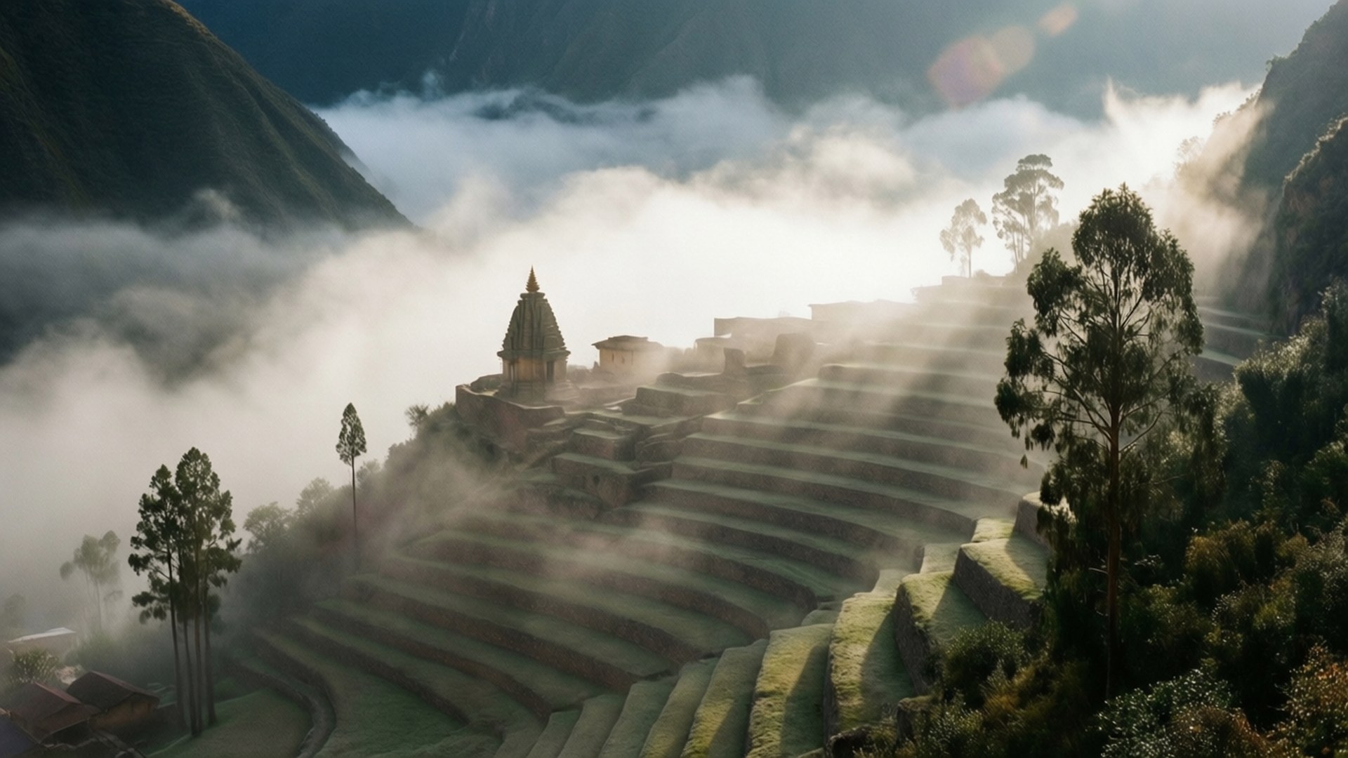 古老梯田遺址從山區景觀的薄霧中浮現。
