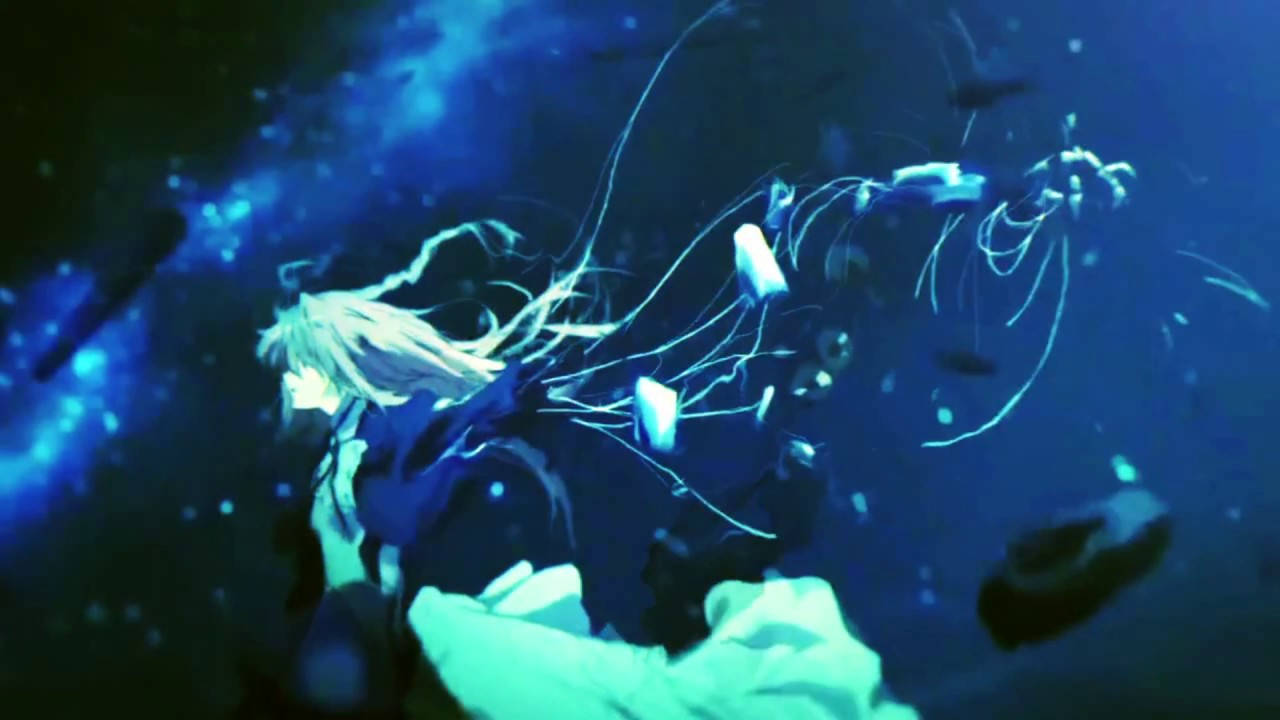 動漫角色，發光的頭髮，在宇宙藍色虛空中漂流，伴有漂浮粒子。
