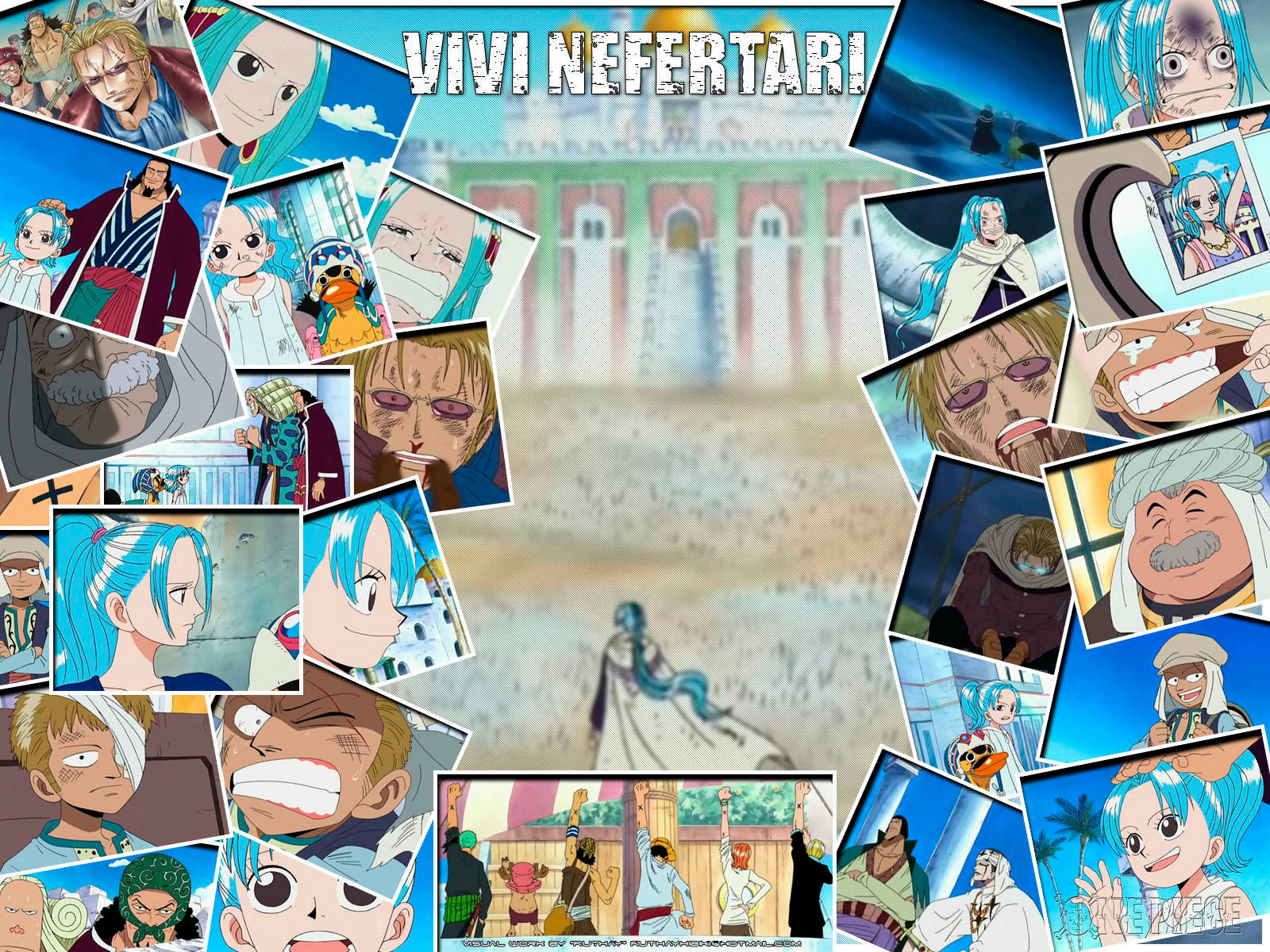 以Vivi Nefertari和其他《One Piece》角色為特色的動漫拼貼畫。