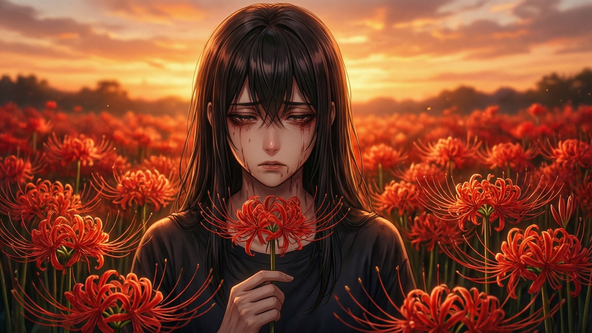動漫女孩臉上沾滿鮮血，在夕陽下的田野中手持紅色彼岸花。