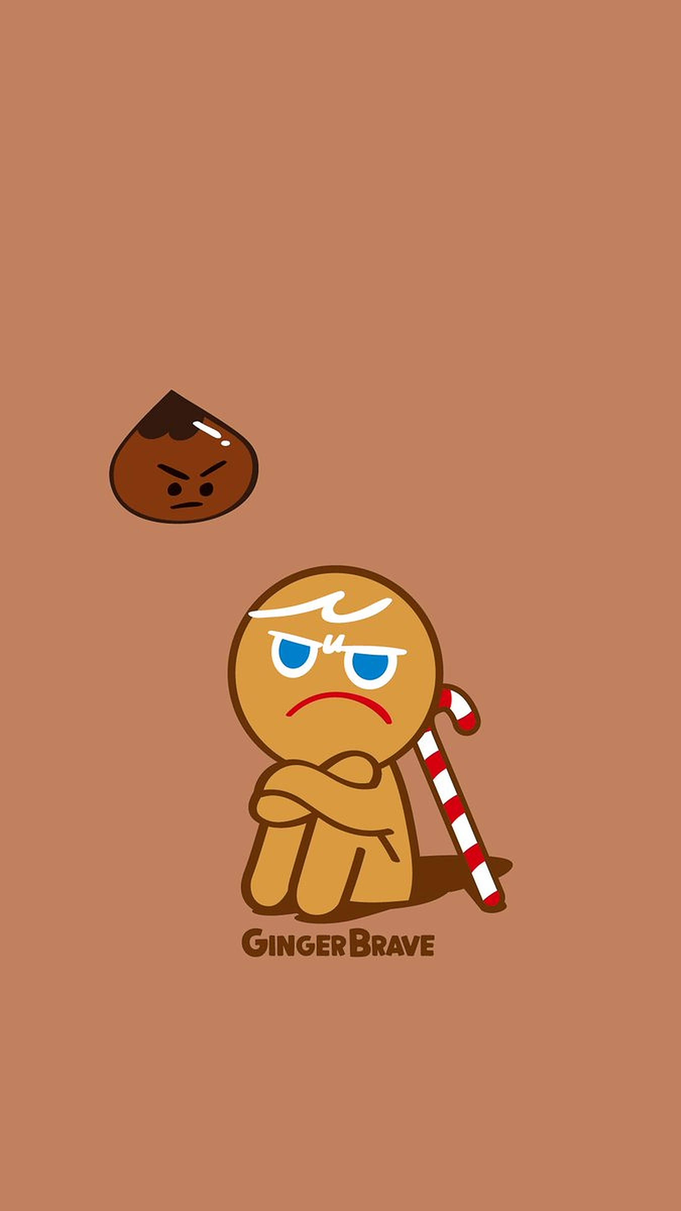 薑餅勇士 Cookie Run 壁紙 — 一個卡通薑餅人交叉雙臂並拿著拐杖糖，靠在棕色背景上，而一個帶有憤怒表情的朱古力片漂浮在上方。