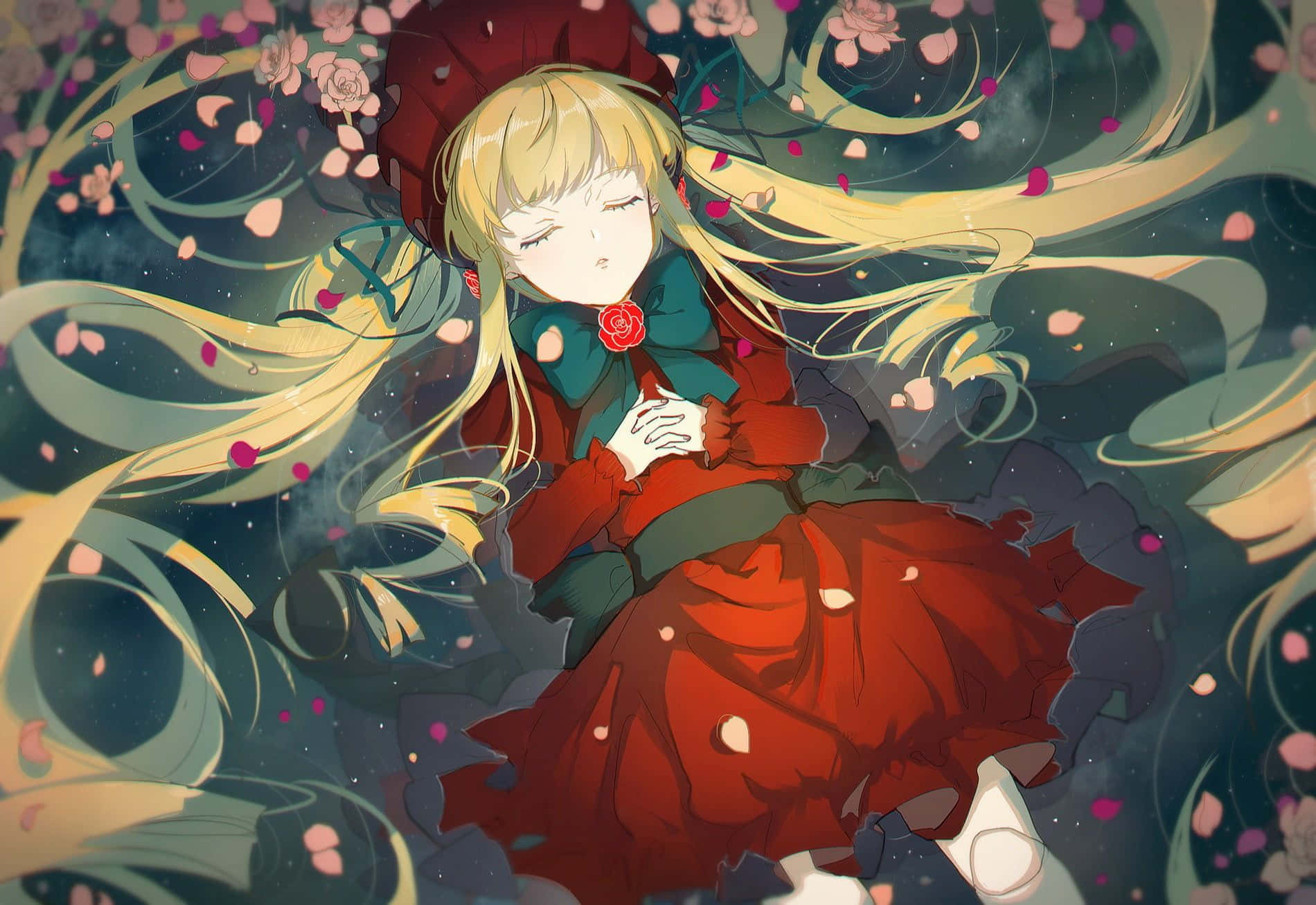 紅裙動漫女孩被漂浮的粉紅花瓣和宇宙漩渦包圍。