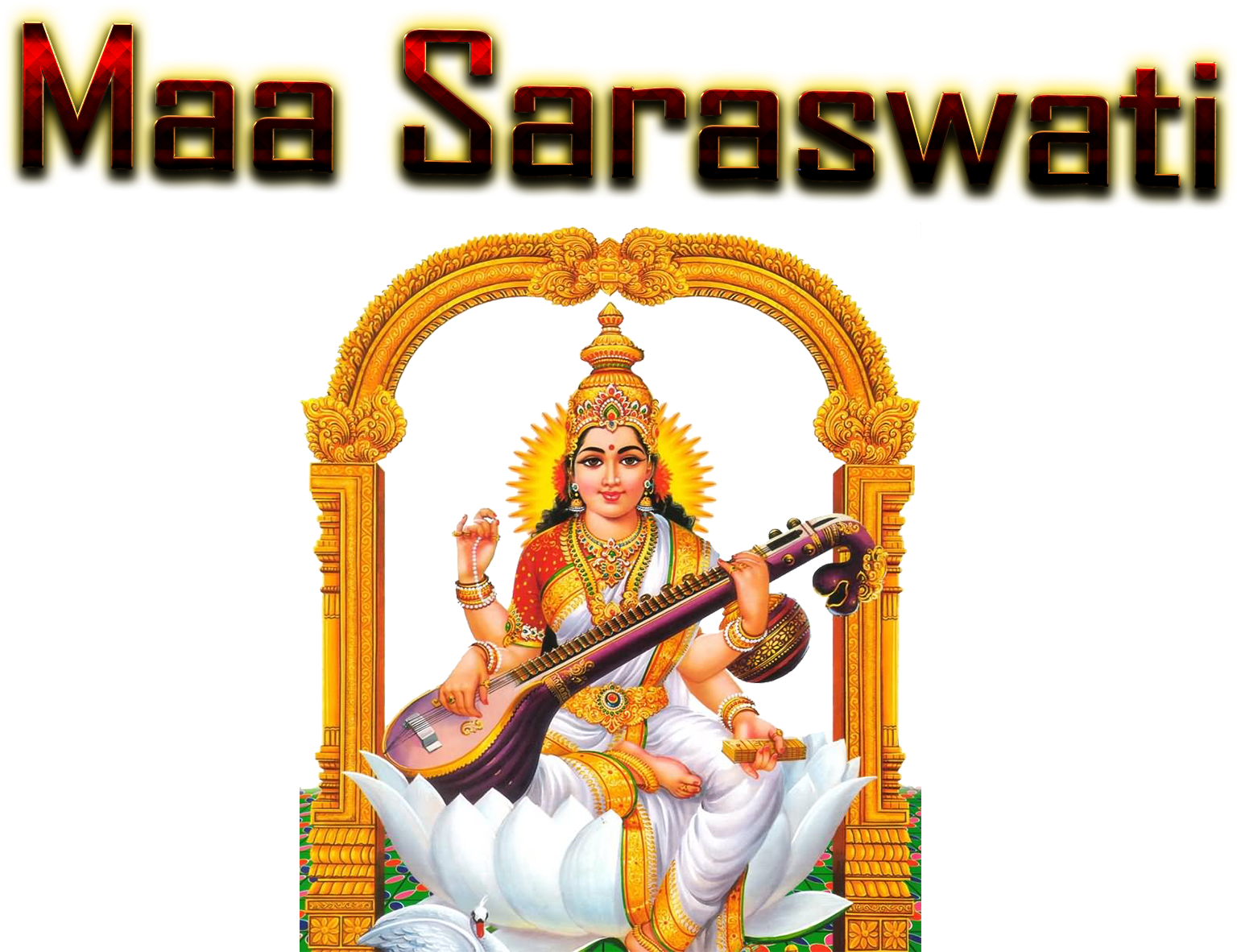 薩拉斯瓦蒂女神傳統描繪 壁紙 — Maa Saraswati 女神坐在白色蓮花上，手持維納琴，位於金色拱門內，背景為黑色。