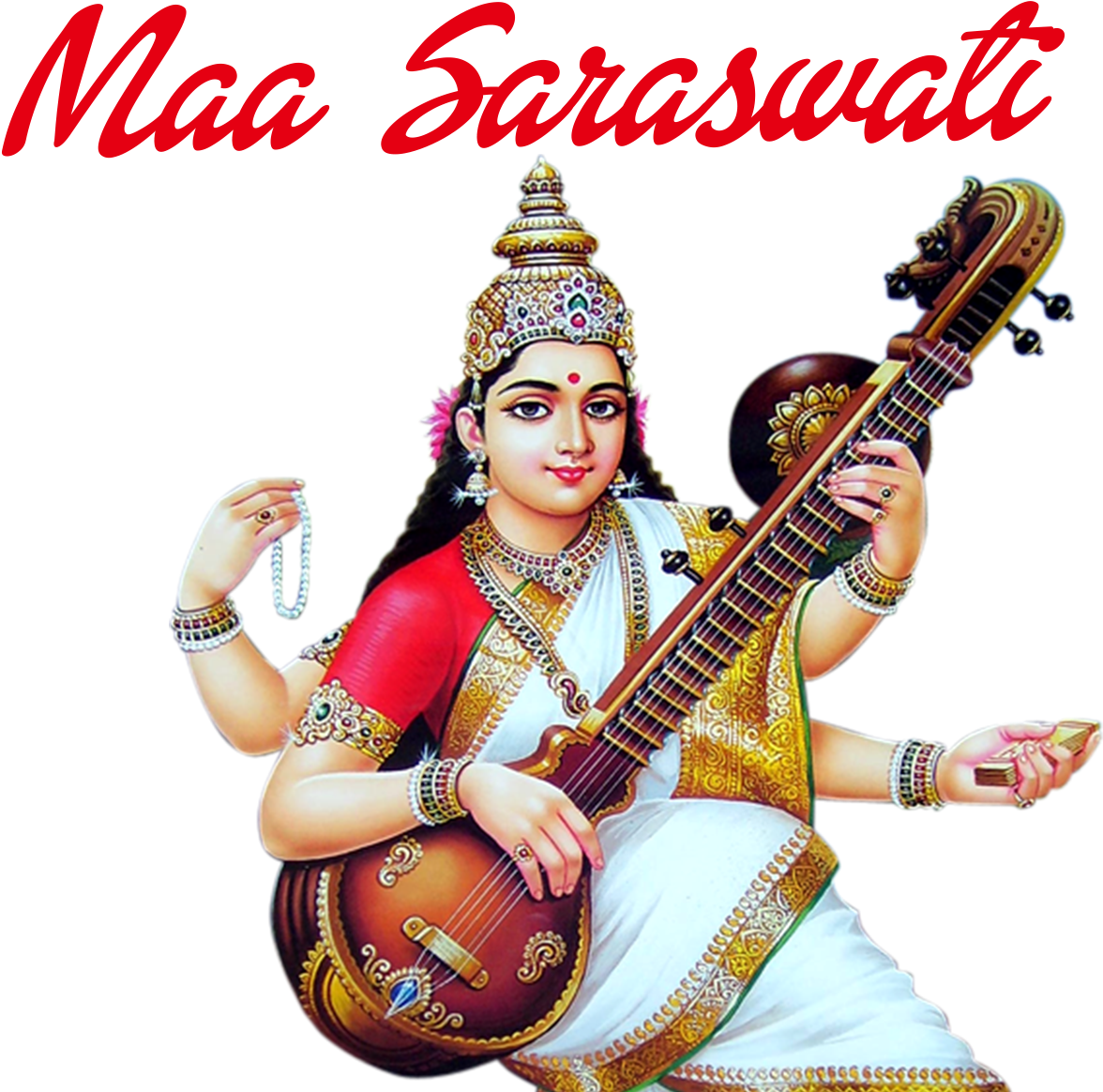 薩拉斯瓦蒂女神彈奏維納琴 壁紙 — 一幅色彩鮮豔的插圖，描繪了Maa Saraswati手持維納琴和珍珠，背景為黑色並帶有紅色文字。