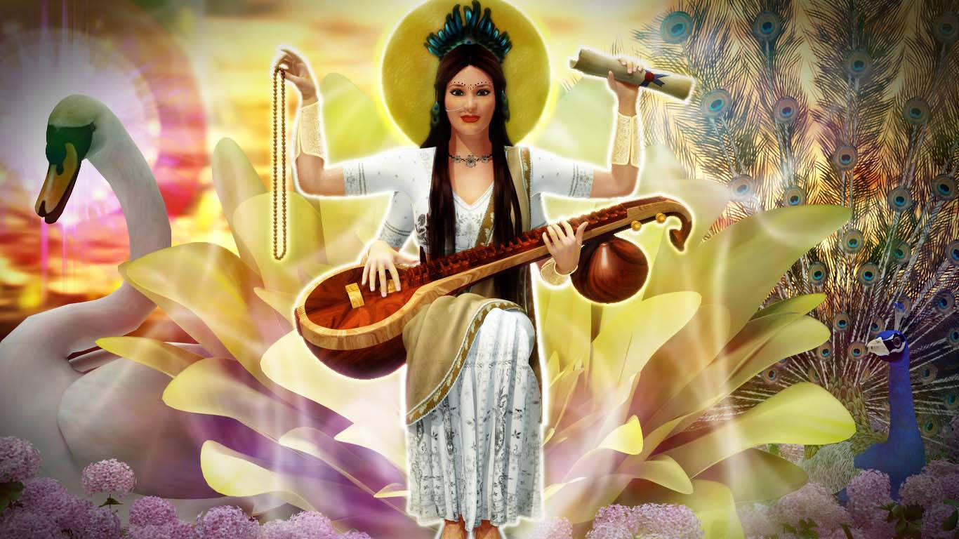 神聖女神在金色光環中與孔雀和天鵝一起彈奏西塔琴。