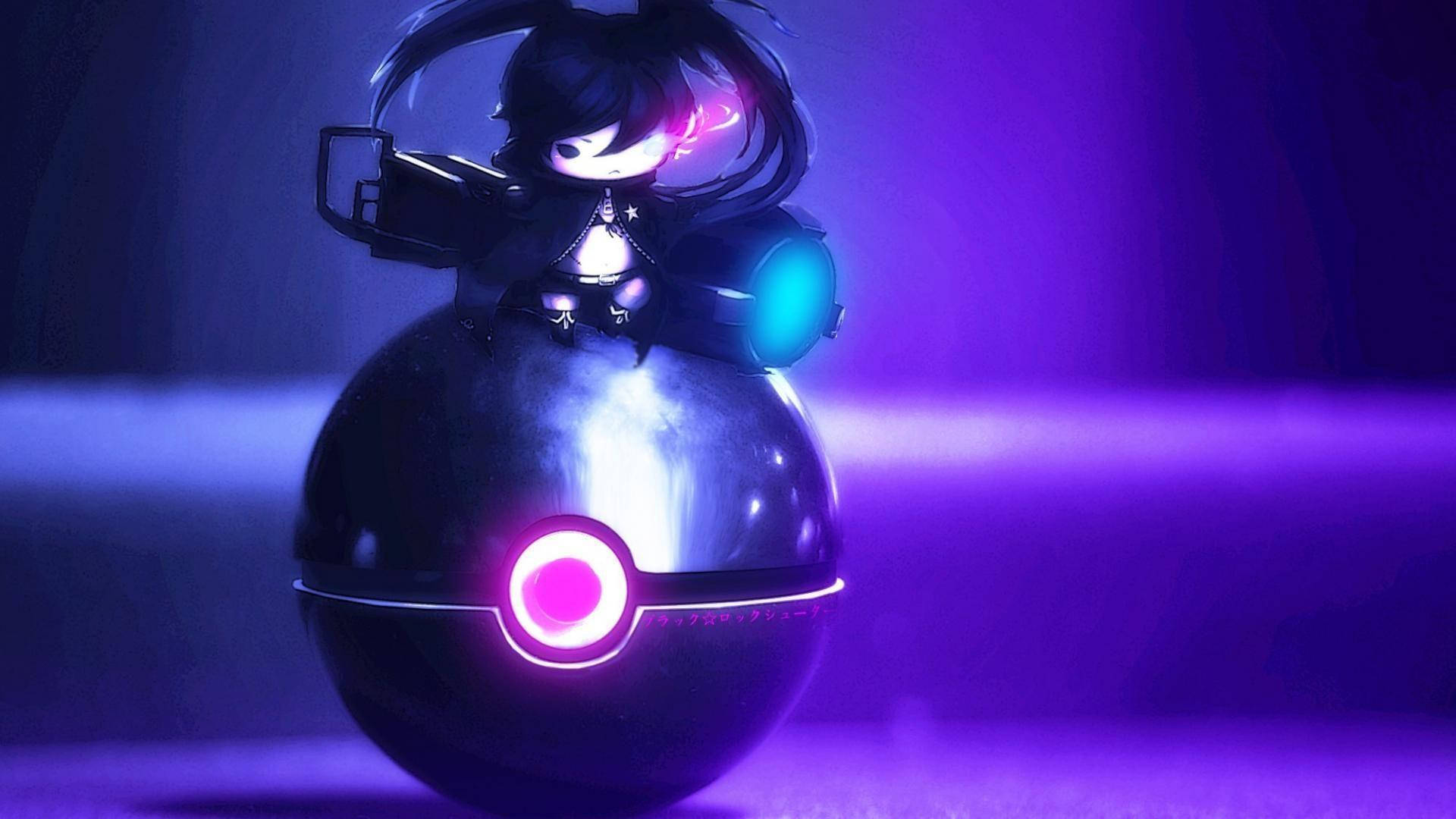 動漫女孩眼睛發光，棲息在紫色霓虹房間中的發光球體上。