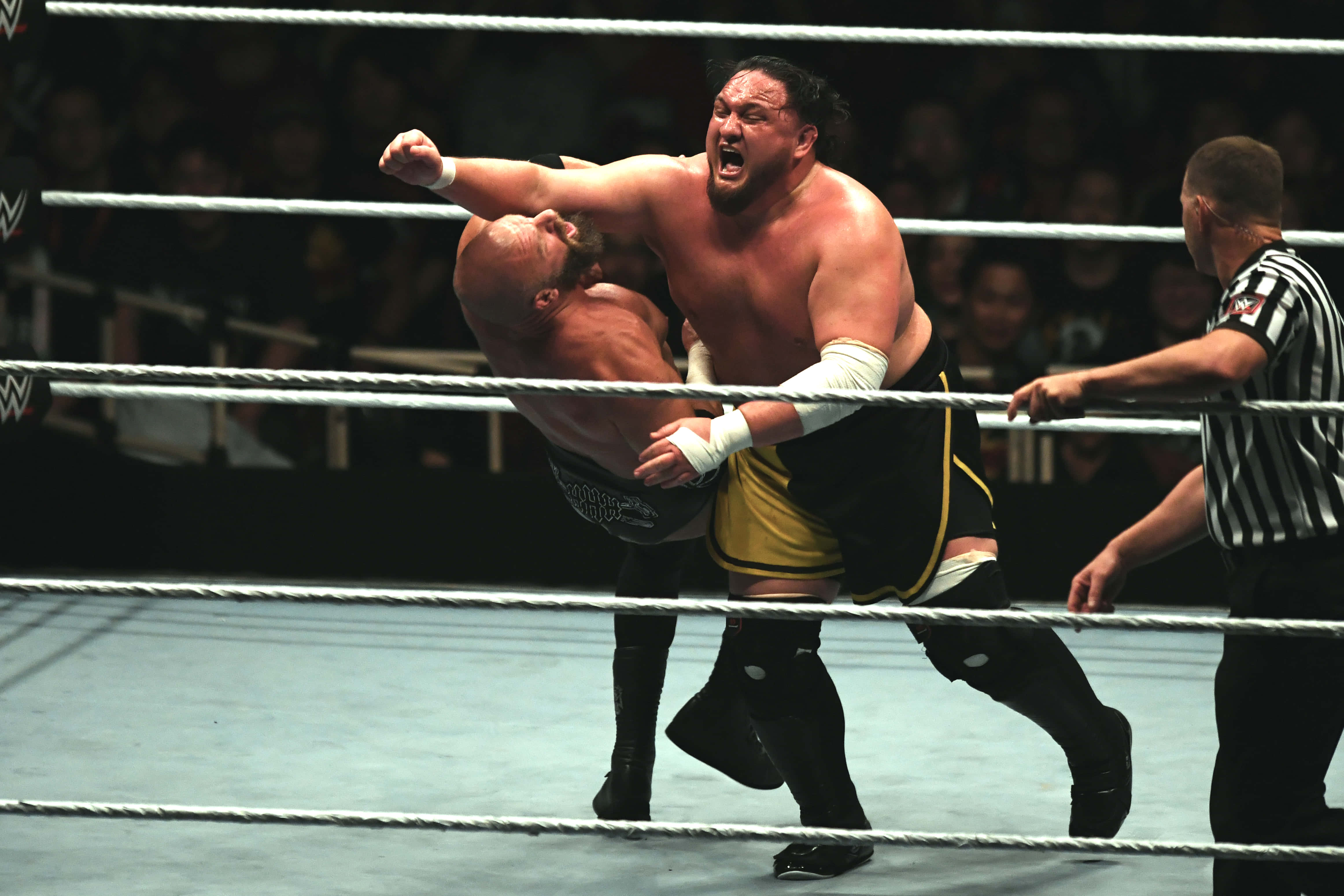 薩摩亞·喬對戰Triple H於WWE Live東京2019 壁紙 — 兩名肌肉發達的摔角手在明亮的場館燈光下於擂台上激烈纏鬥，裁判在附近。