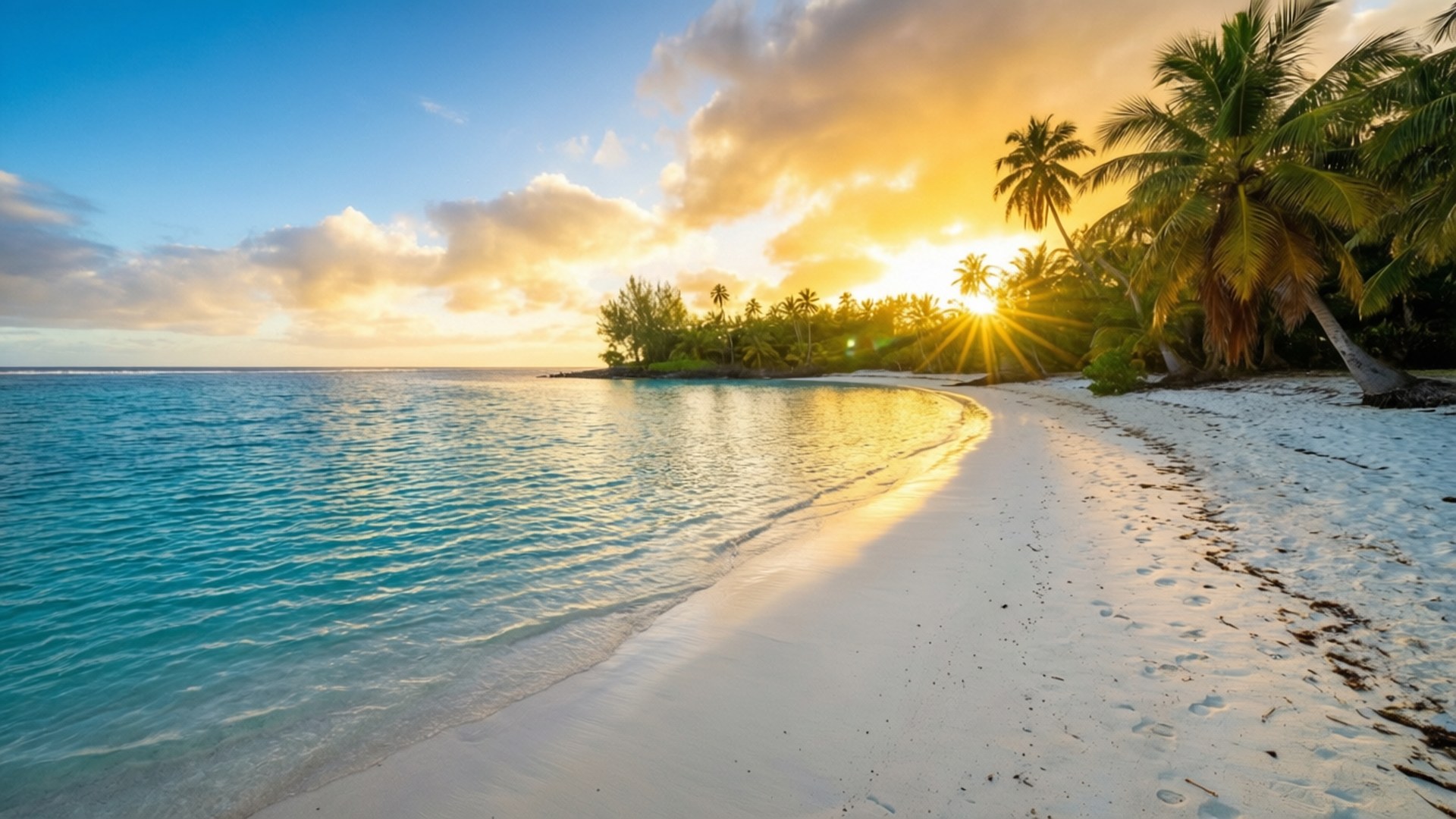 熱帶海灘夕陽，棕櫚樹和碧綠海水