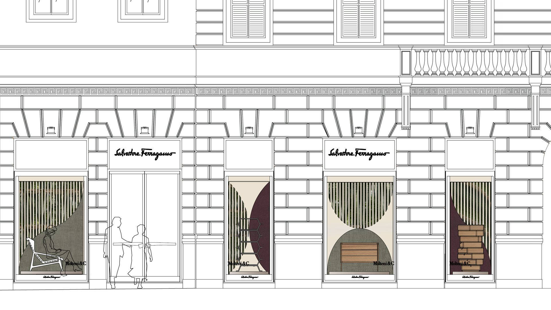 Ferragamo 商店的線條藝術草圖，配有櫥窗展示和兩個人在外面。
