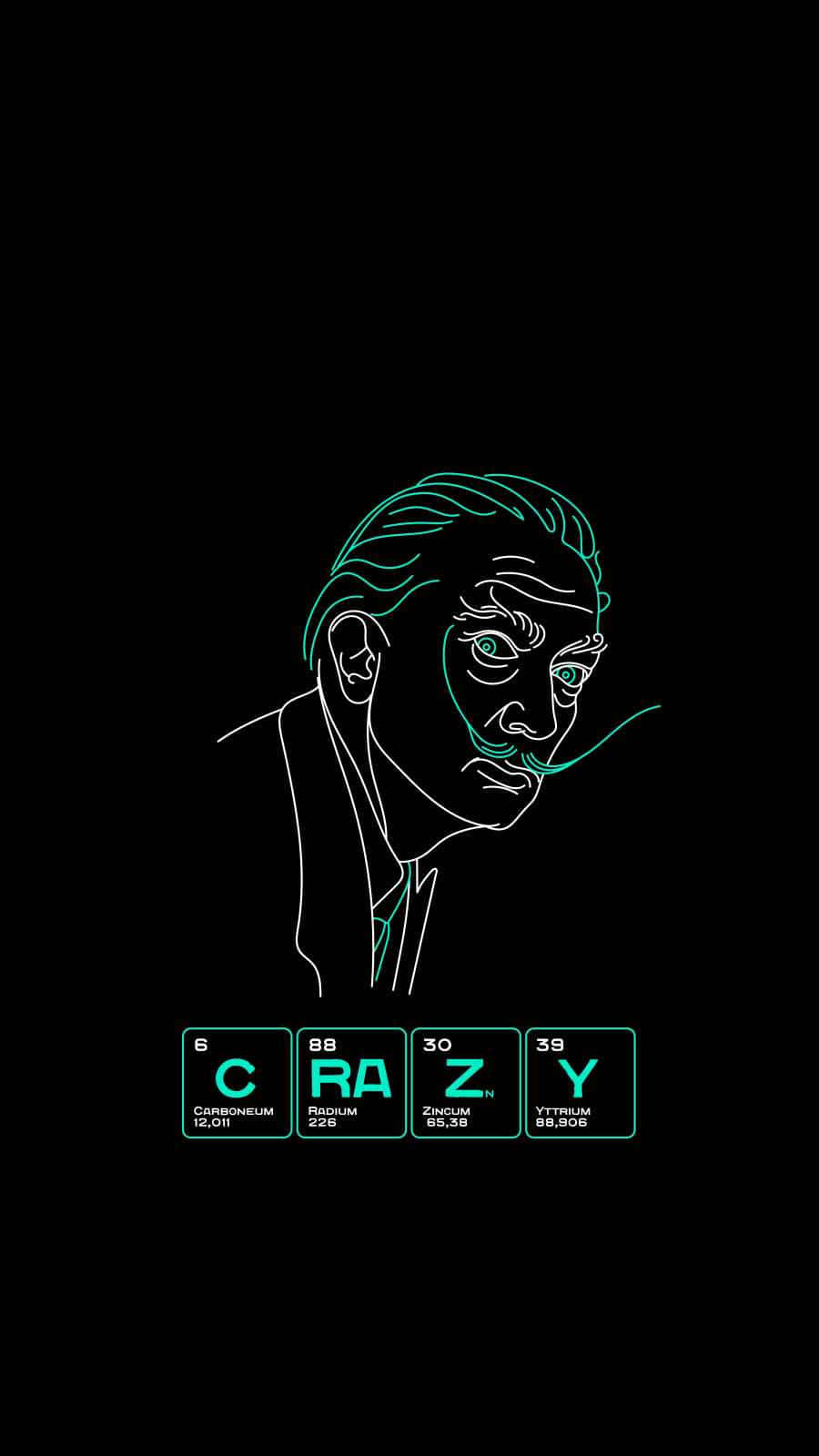 霓虹線條畫，描繪一名男子，用原子符號拼出'crazy'。
