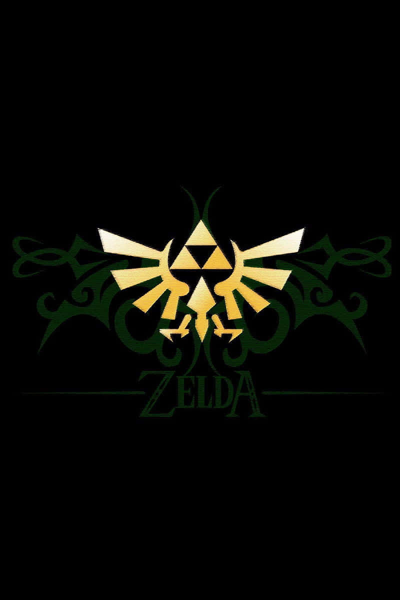 金色三角力量標誌，帶有綠色裝飾元素，Zelda 文字位於黑色背景上。