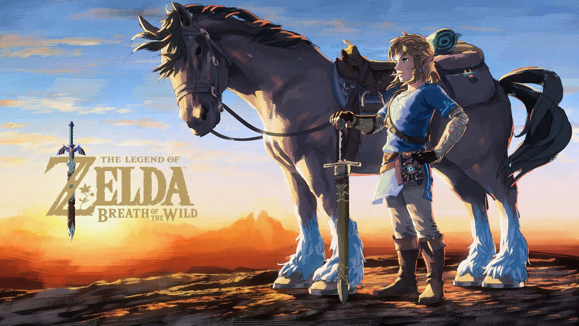 Link 和他的馬站在日落田野中，手持劍，Zelda 遊戲標誌清晰可見。
