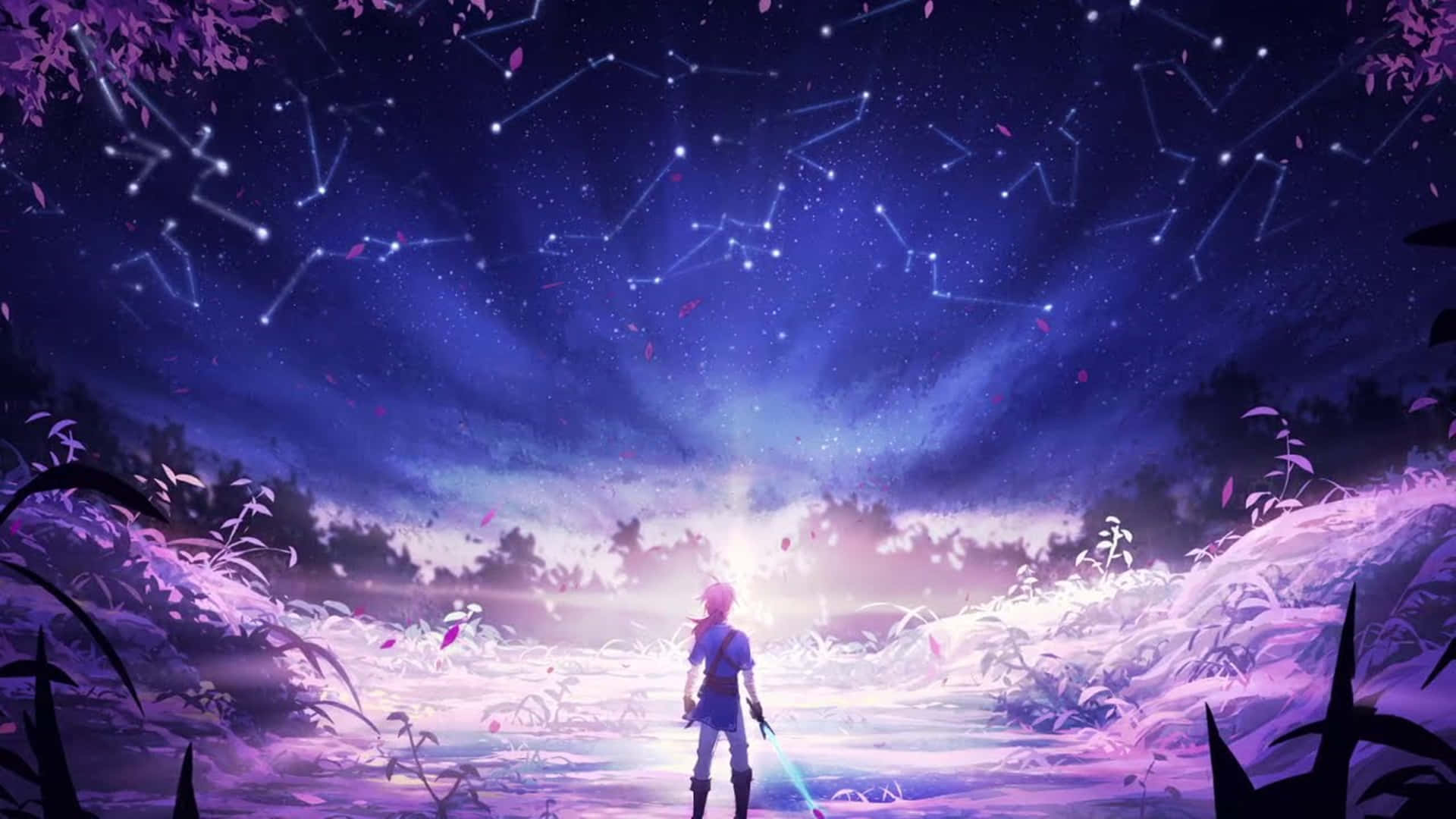 動漫角色站在發光的田野中，星空下有星座。