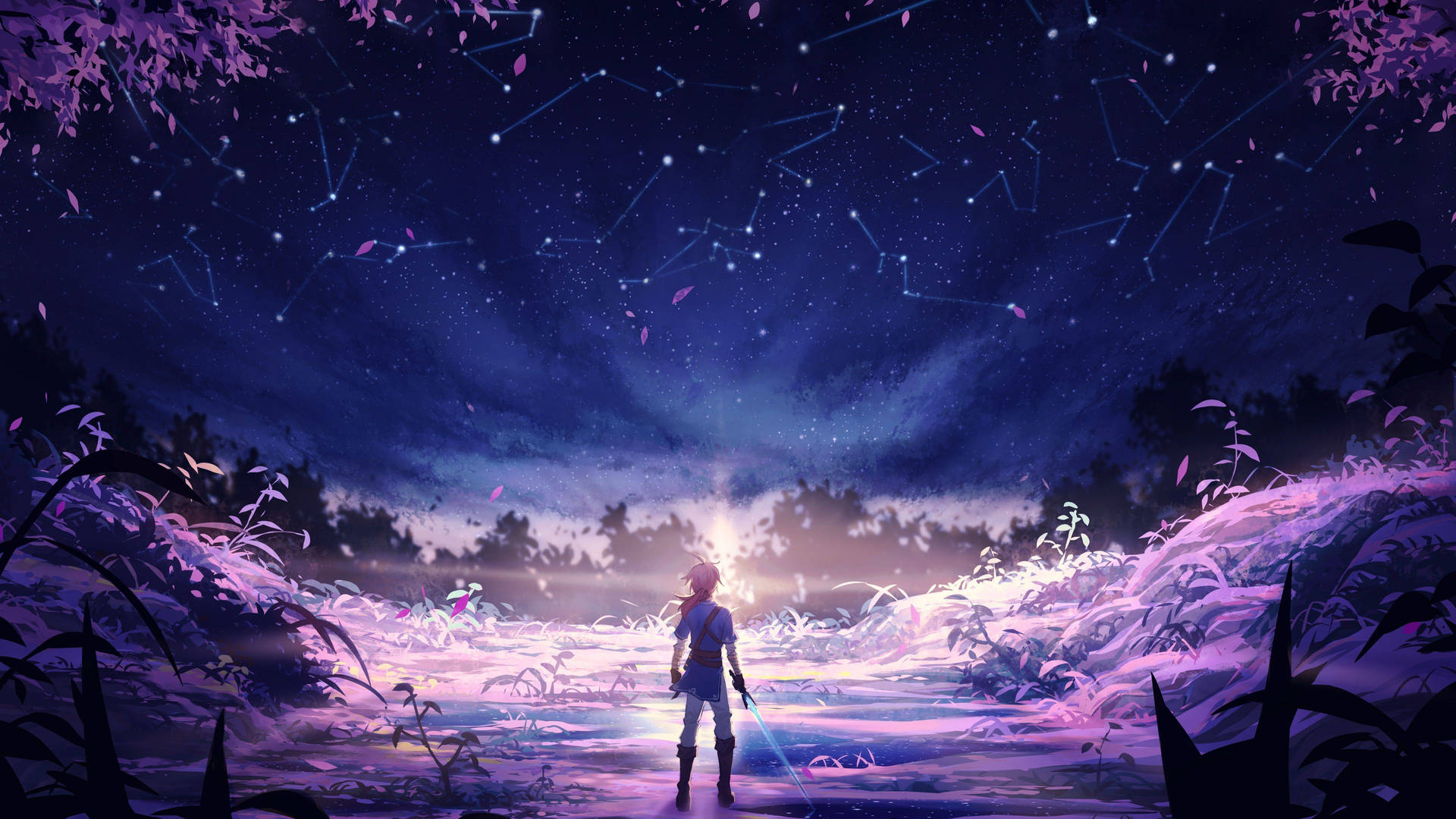 動漫角色持劍站在發光田野中，在星空下帶有星座。