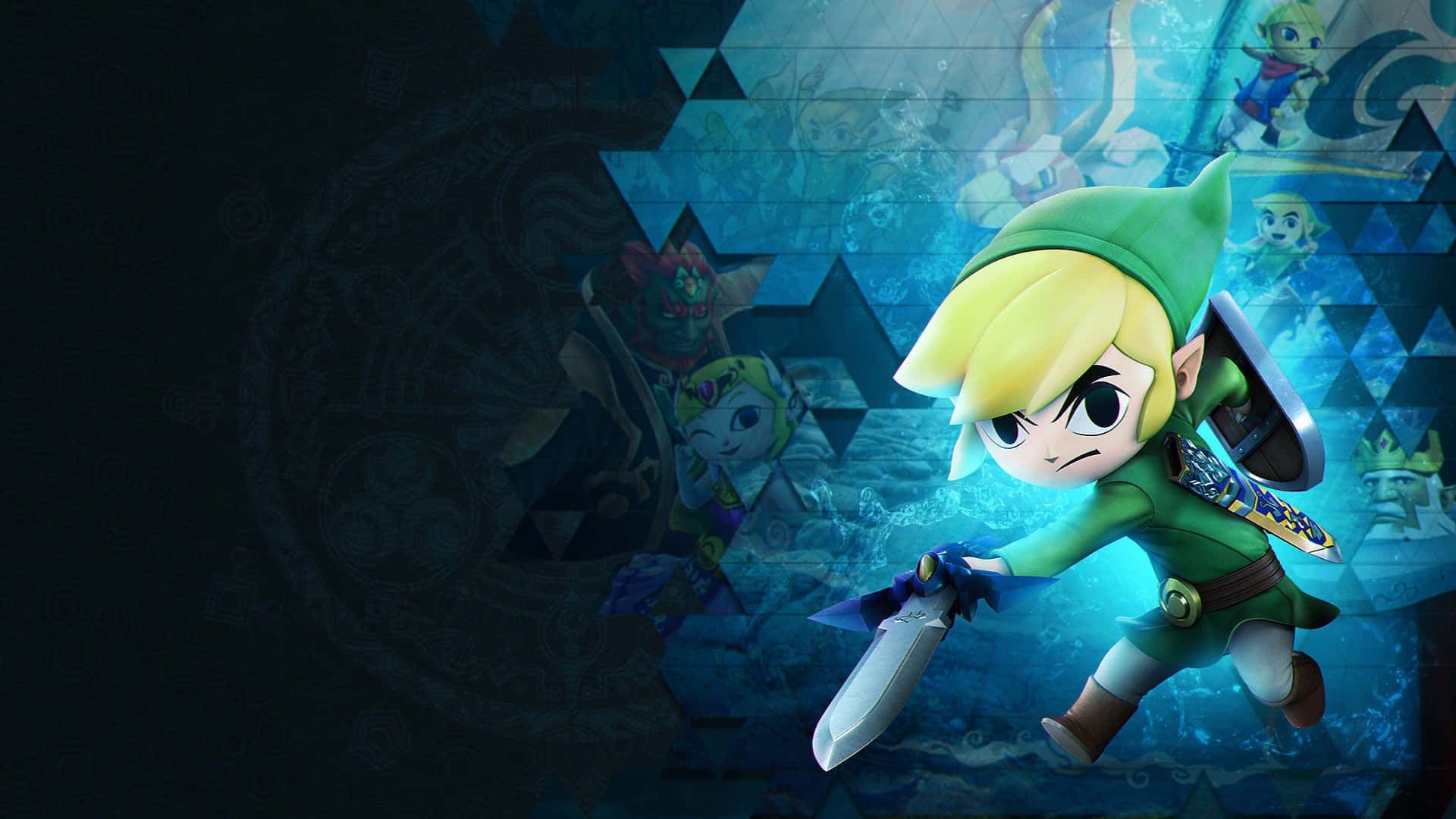 身穿綠色束腰外衣的 Chibi Link 在奇幻遊戲場景中手持劍盾。 — 薩爾達傳說 壁紙