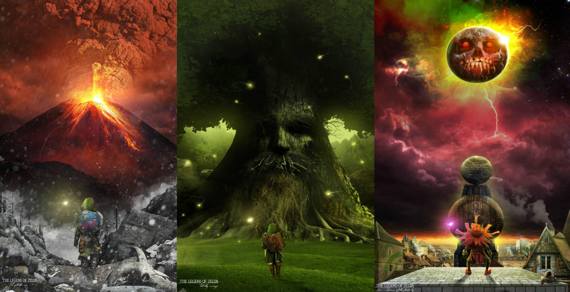 三個幻想場景：噴發的火山、巨樹、村莊上空的骷髏太陽。