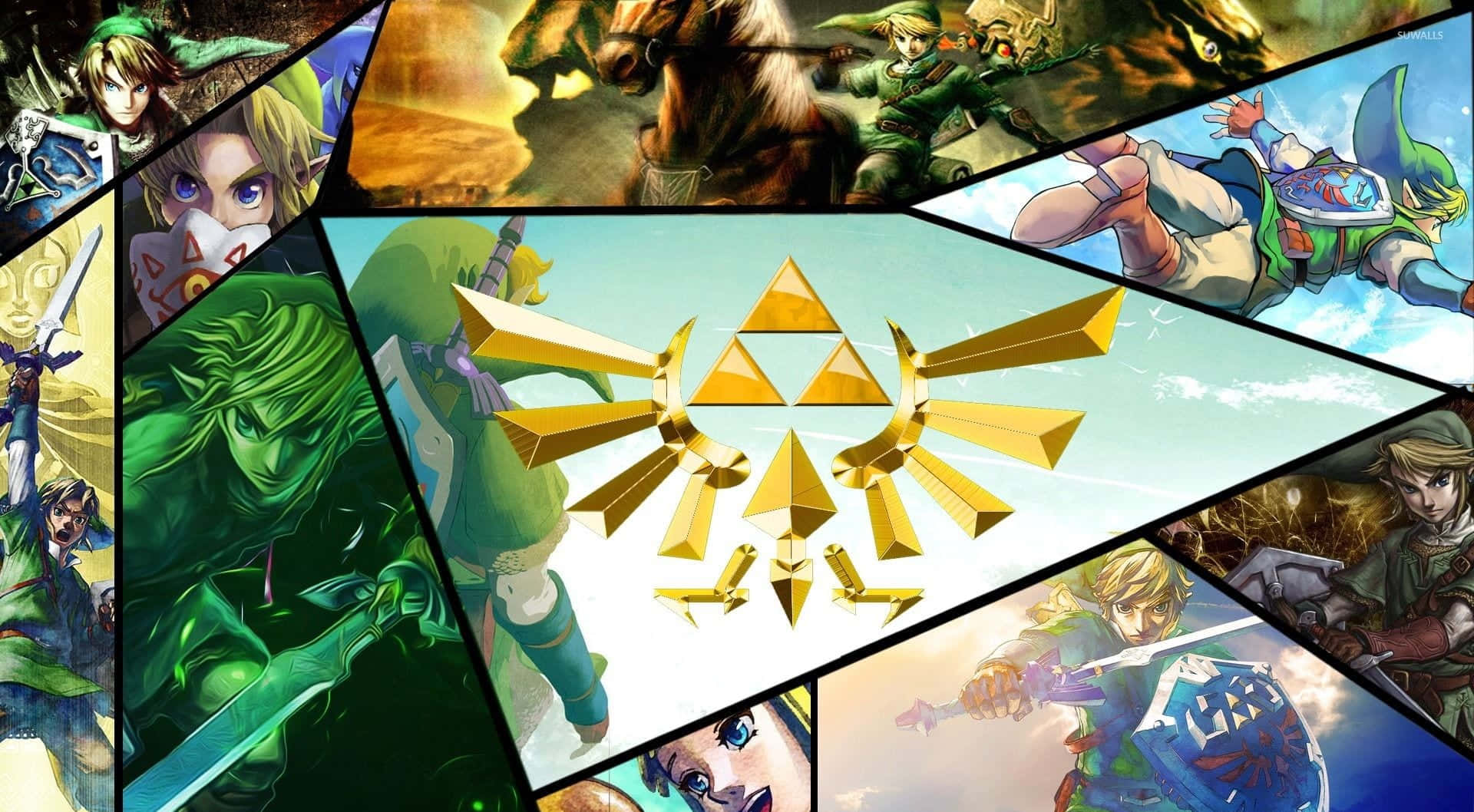 The Legend Of Zelda Skyward Sword 桌布 壁紙 — 《薩爾達傳說》遊戲場景的動態拼貼畫，林克以各種英雄姿態出現，中央為三角力量標誌。