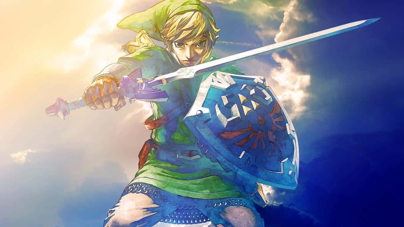 The Legend Of Zelda Skyward Sword 桌布 壁紙 — 薩爾達傳說中的林克揮舞劍與盾，背景是戲劇性的天空，金色陽光穿透雲層。