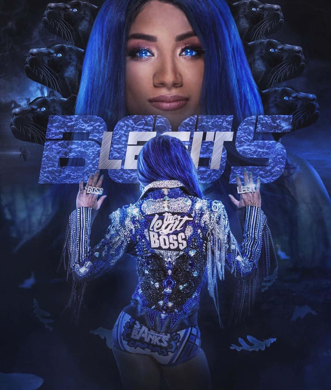 一位藍髮、眼睛發光的女性身穿閃亮的藍色服裝，背後寫著「the legit boss」。
