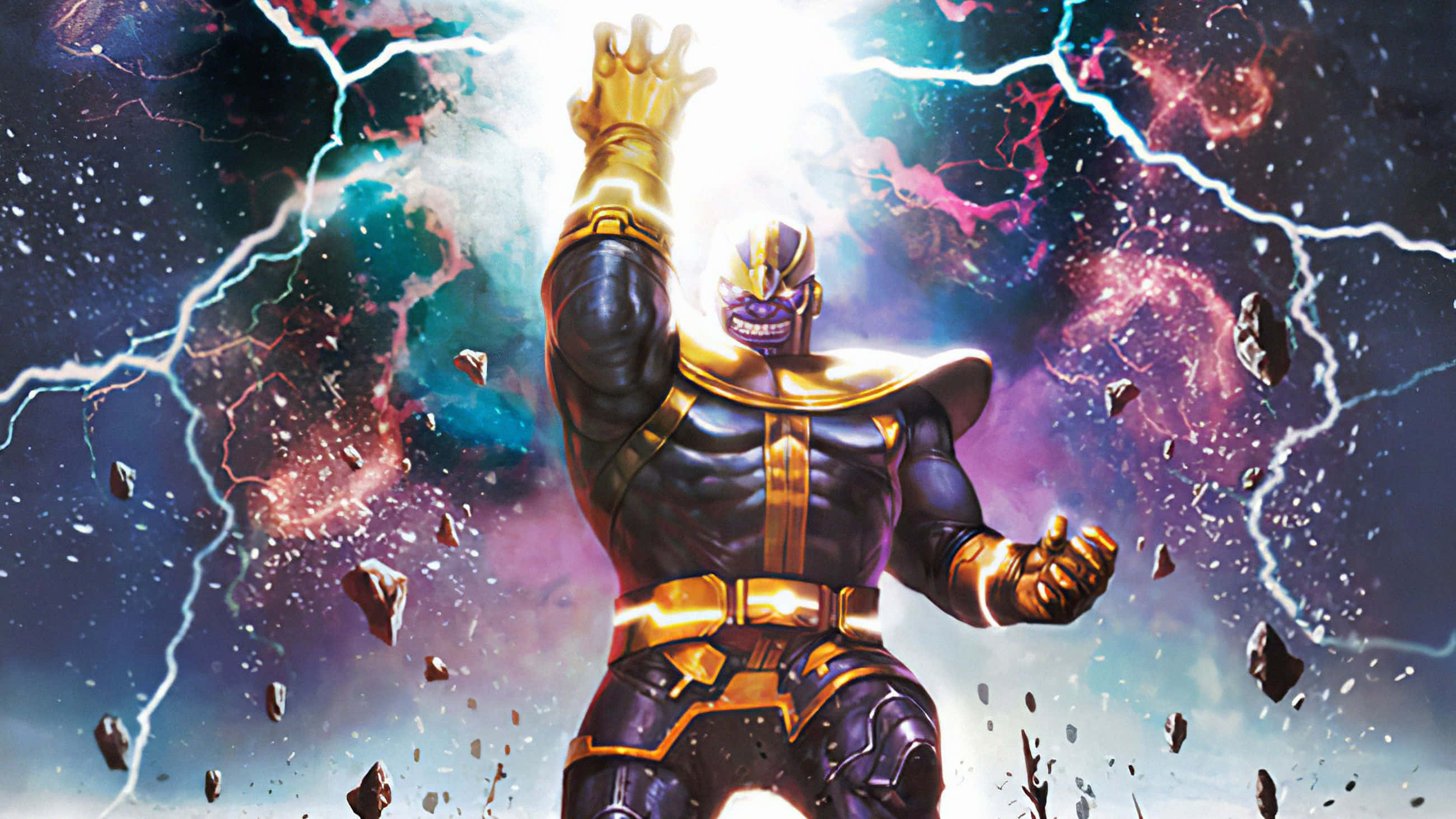 Thanos 桌布 壁紙 — 薩諾斯在太空中挑釁地站立，閃電在他周圍噼啪作響，宇宙碎片飛過充滿活力的星雲。