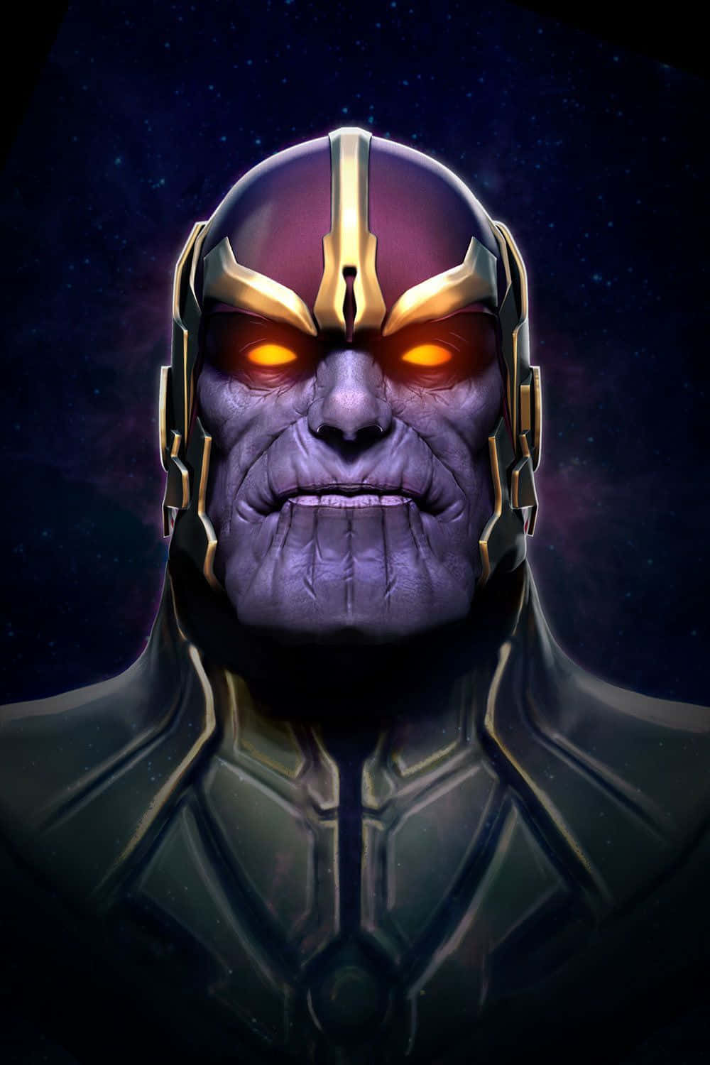 Thanos 桌布 壁紙 — 薩諾斯在星光熠熠的宇宙背景下，以發光的橙色眼睛威脅地凝視著。