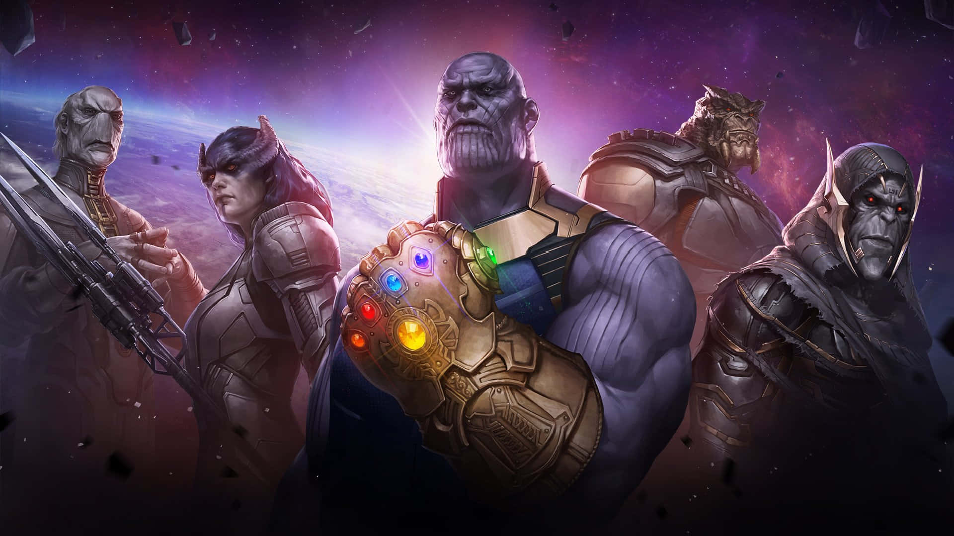 Thanos 桌布 壁紙 — 薩諾斯威嚇性地站著，他的無限手套在宇宙背景下發光，由他的精英戰士在戲劇性的太空戰鬥場景中護航。