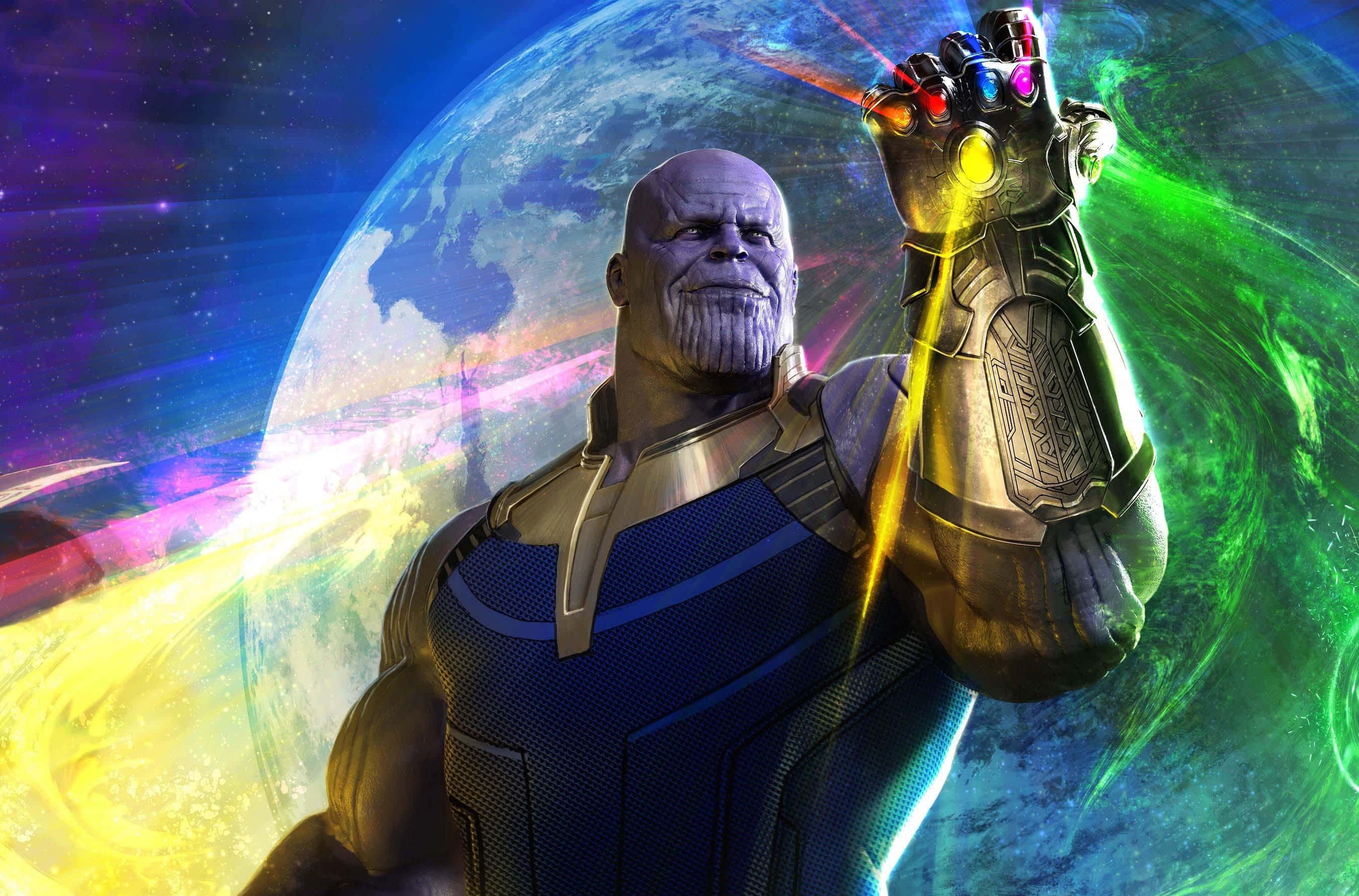 Thanos 桌布 壁紙 — 薩諾斯威風凜凜地站在太空中，揮舞著發光的無限手套，地球在他身後清晰可見。